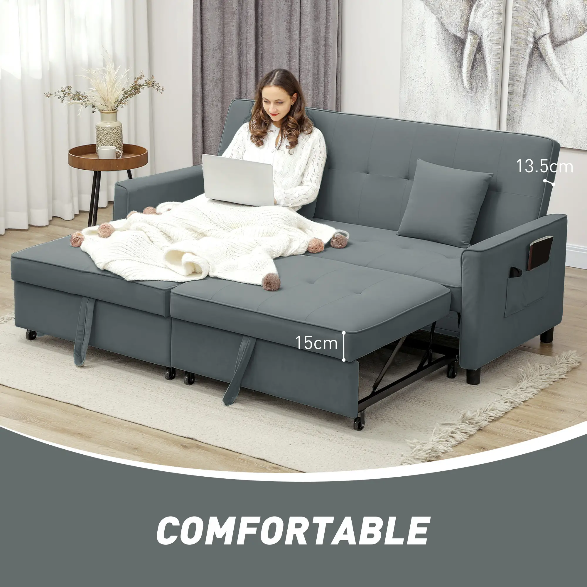 3 Seater Velvet Sofa Bed 196 x 90 x 89cm - Grey - 7