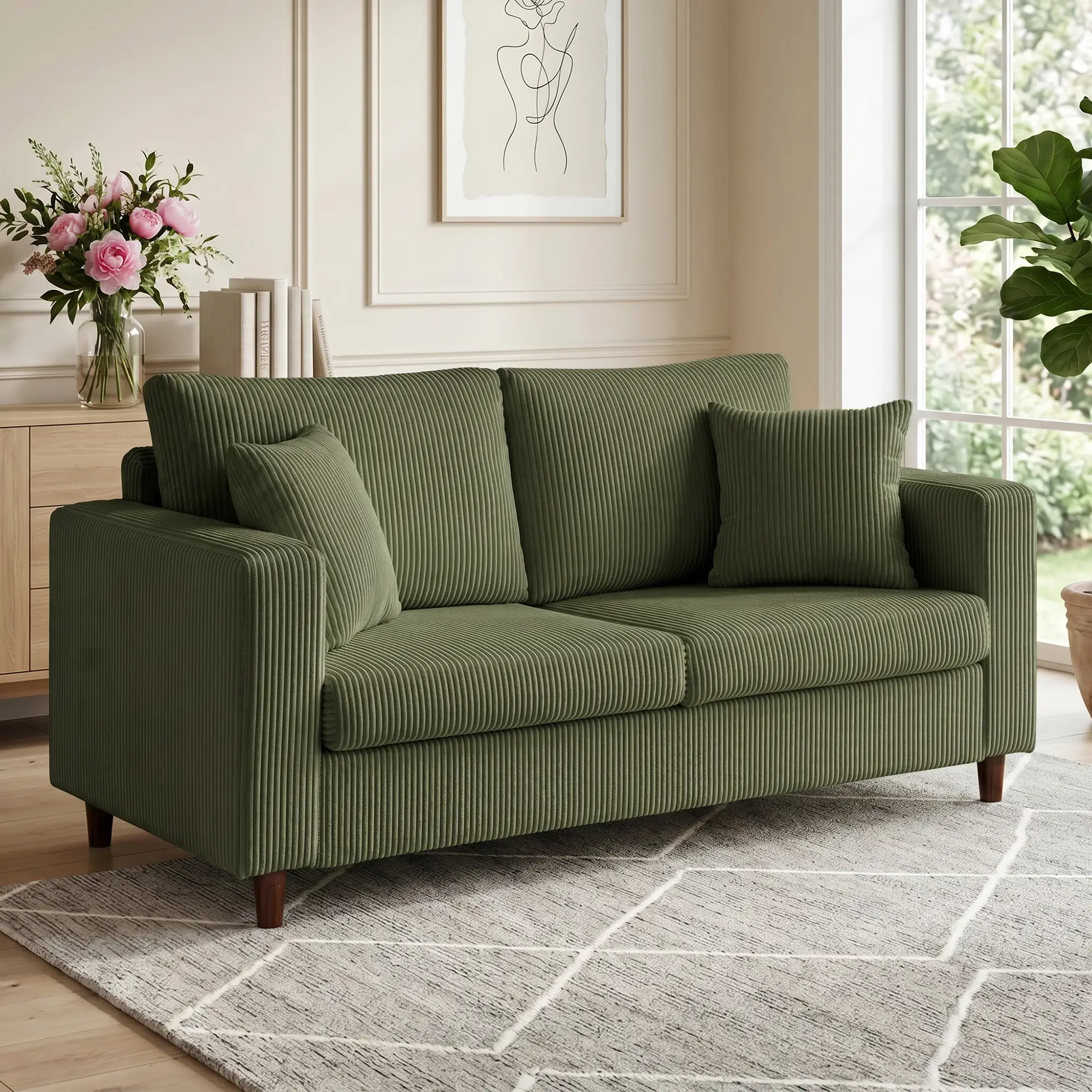 2 Seater Corduroy Sofa 170 x 80 x 82cm - Green, Black - 2