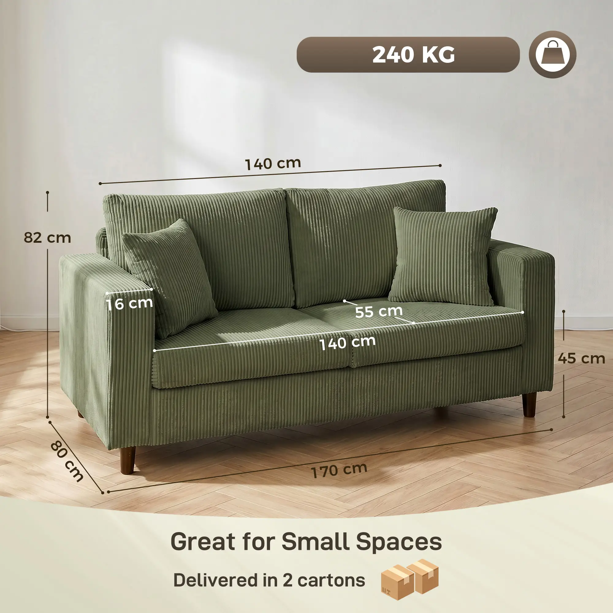 2 Seater Corduroy Sofa 170 x 80 x 82cm - Green, Black - 3