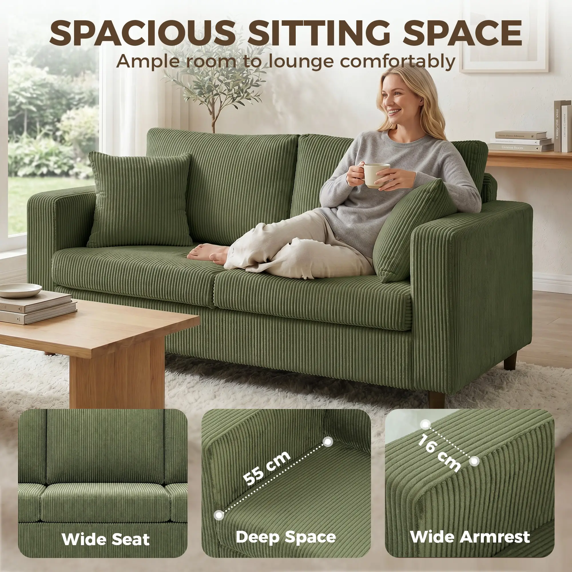 2 Seater Corduroy Sofa 170 x 80 x 82cm - Green, Black - 4
