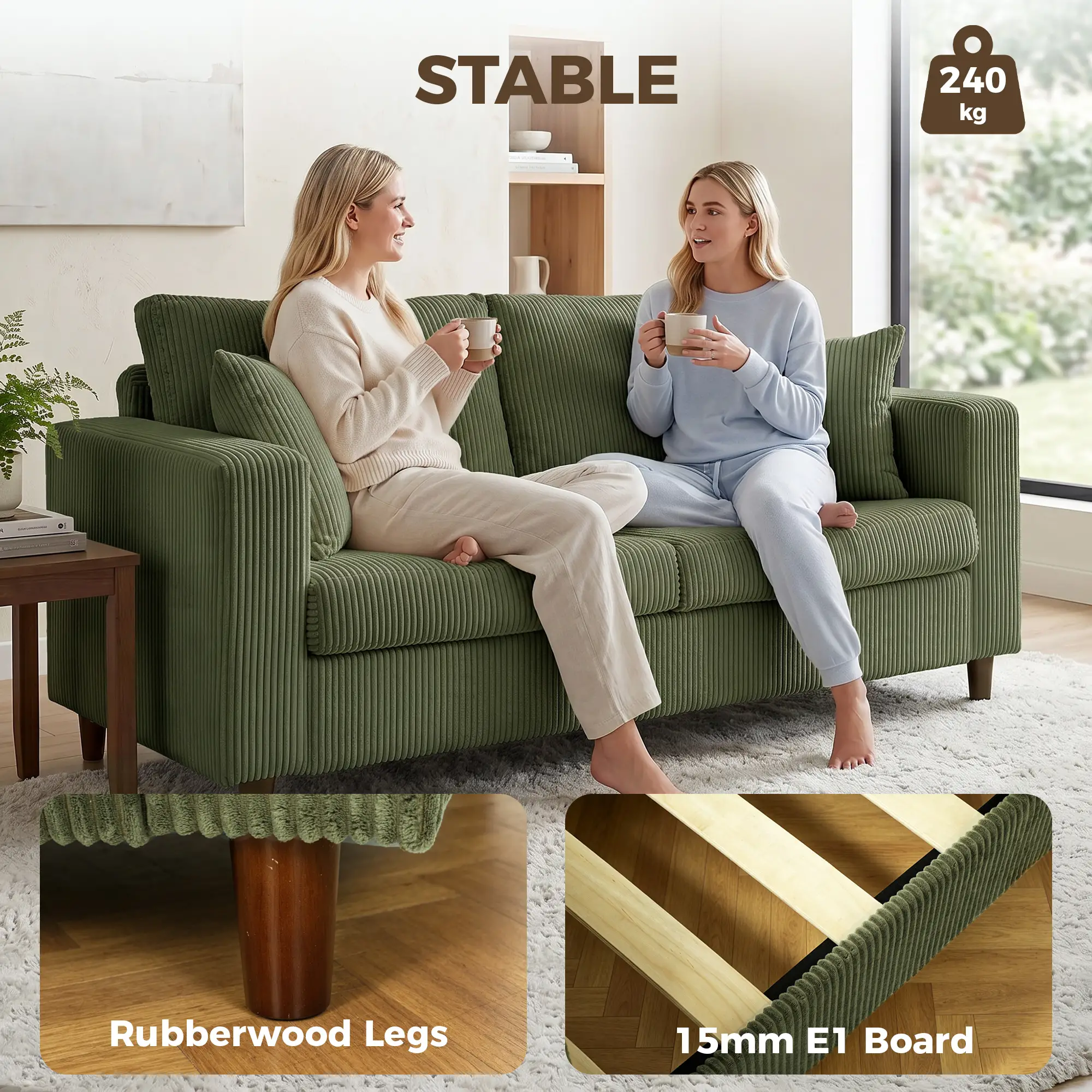 2 Seater Corduroy Sofa 170 x 80 x 82cm - Green, Black - 7
