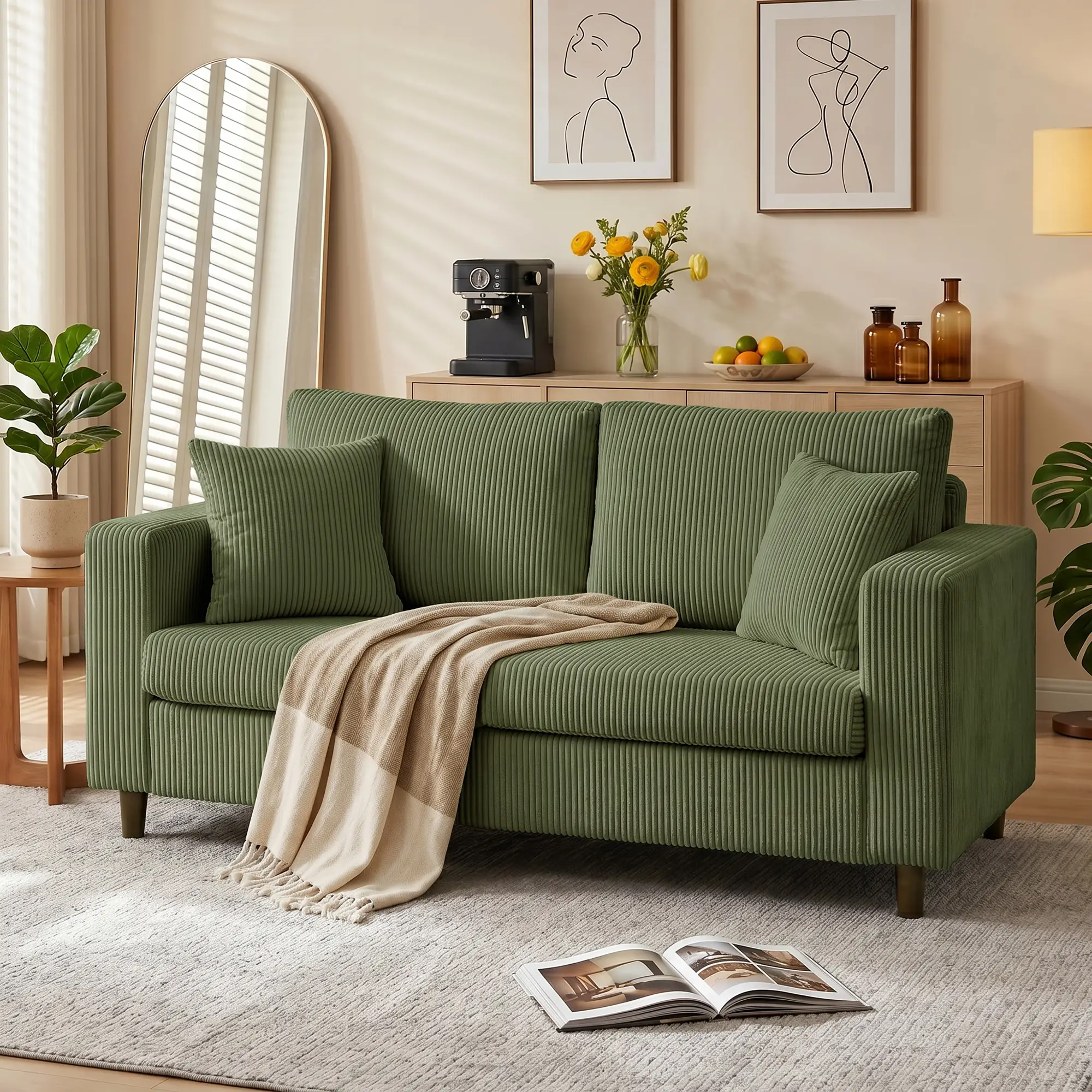 2 Seater Corduroy Sofa 170 x 80 x 82cm - Green, Black - 14