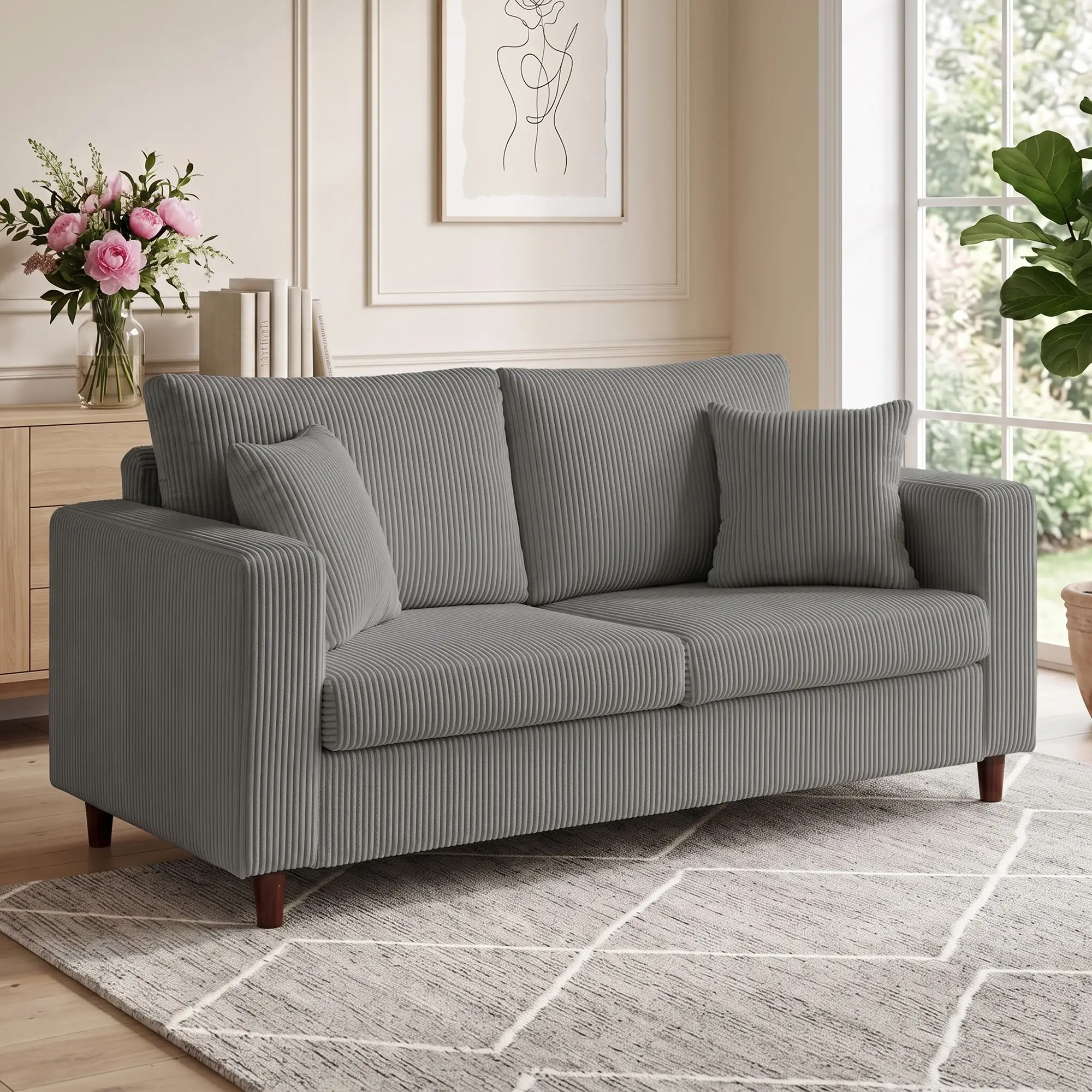 2 Seater Corduroy Sofa 170 x 80 x 82cm - Light Grey, Black - 2