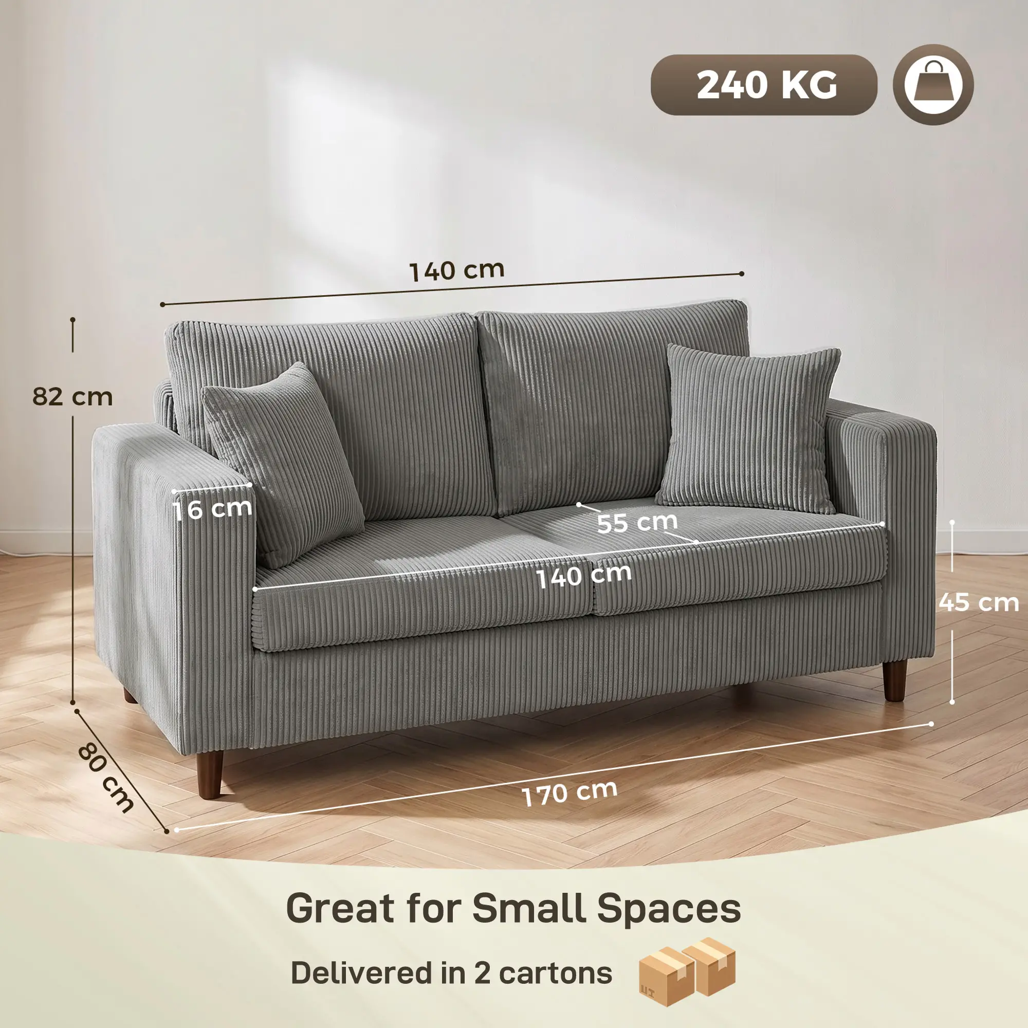 2 Seater Corduroy Sofa 170 x 80 x 82cm - Light Grey, Black - 3