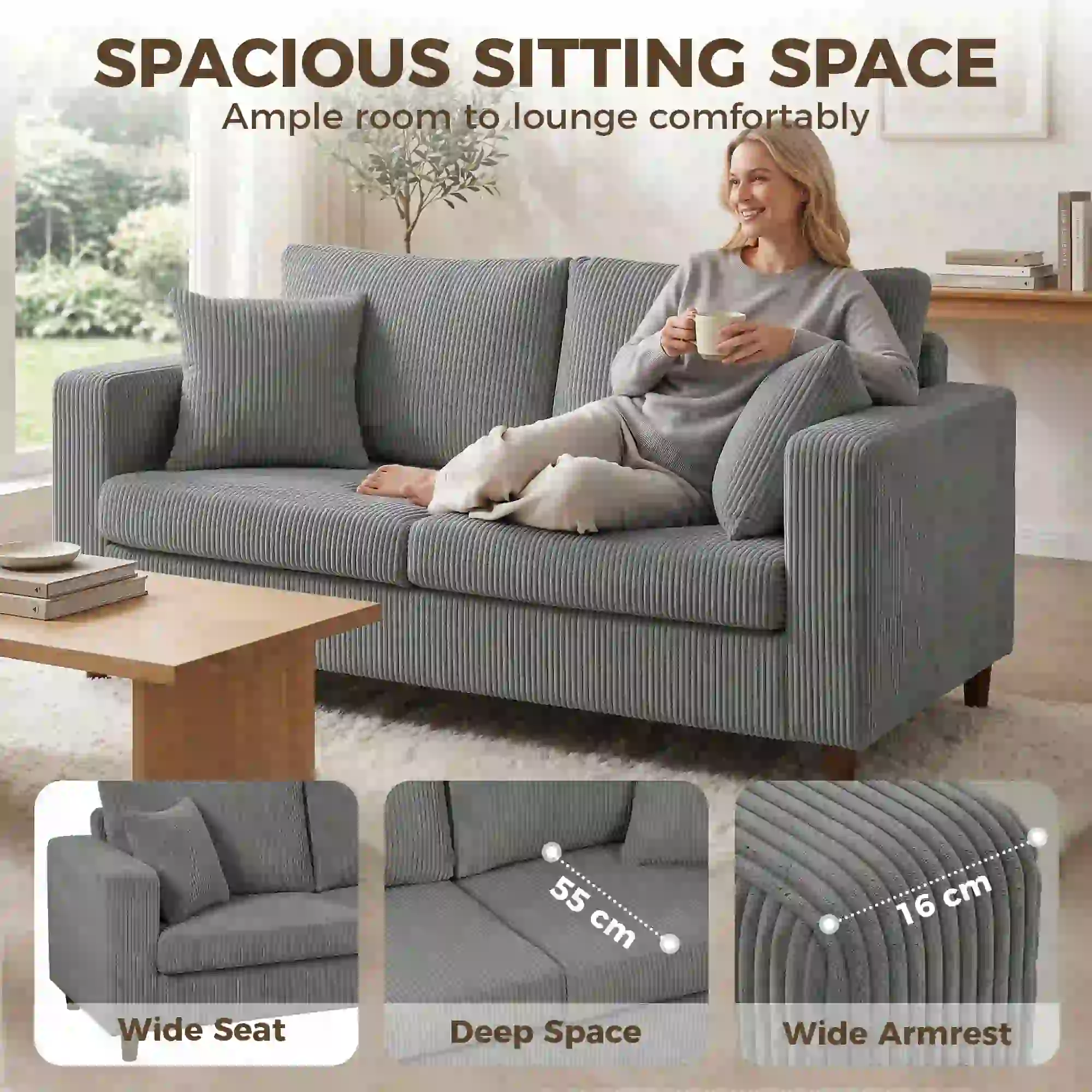 2 Seater Corduroy Sofa 170 x 80 x 82cm - Light Grey, Black - 4