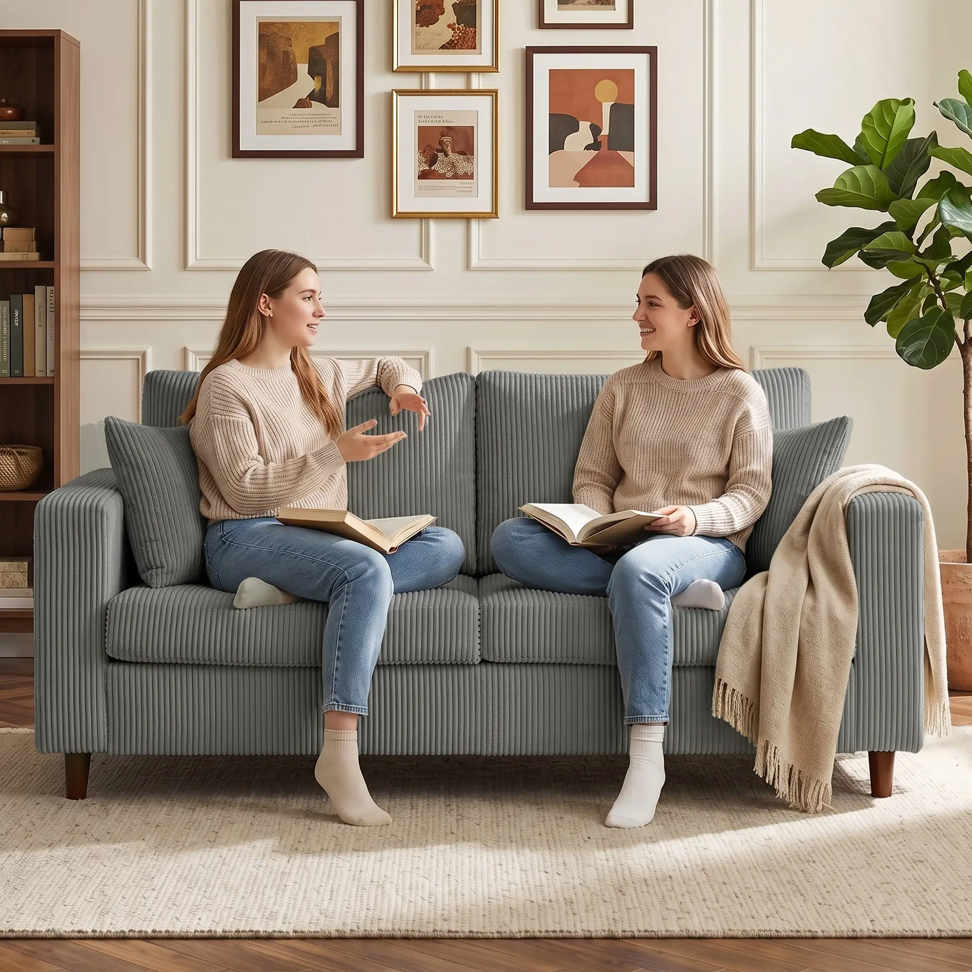 2 Seater Corduroy Sofa 170 x 80 x 82cm - Light Grey, Black - 9