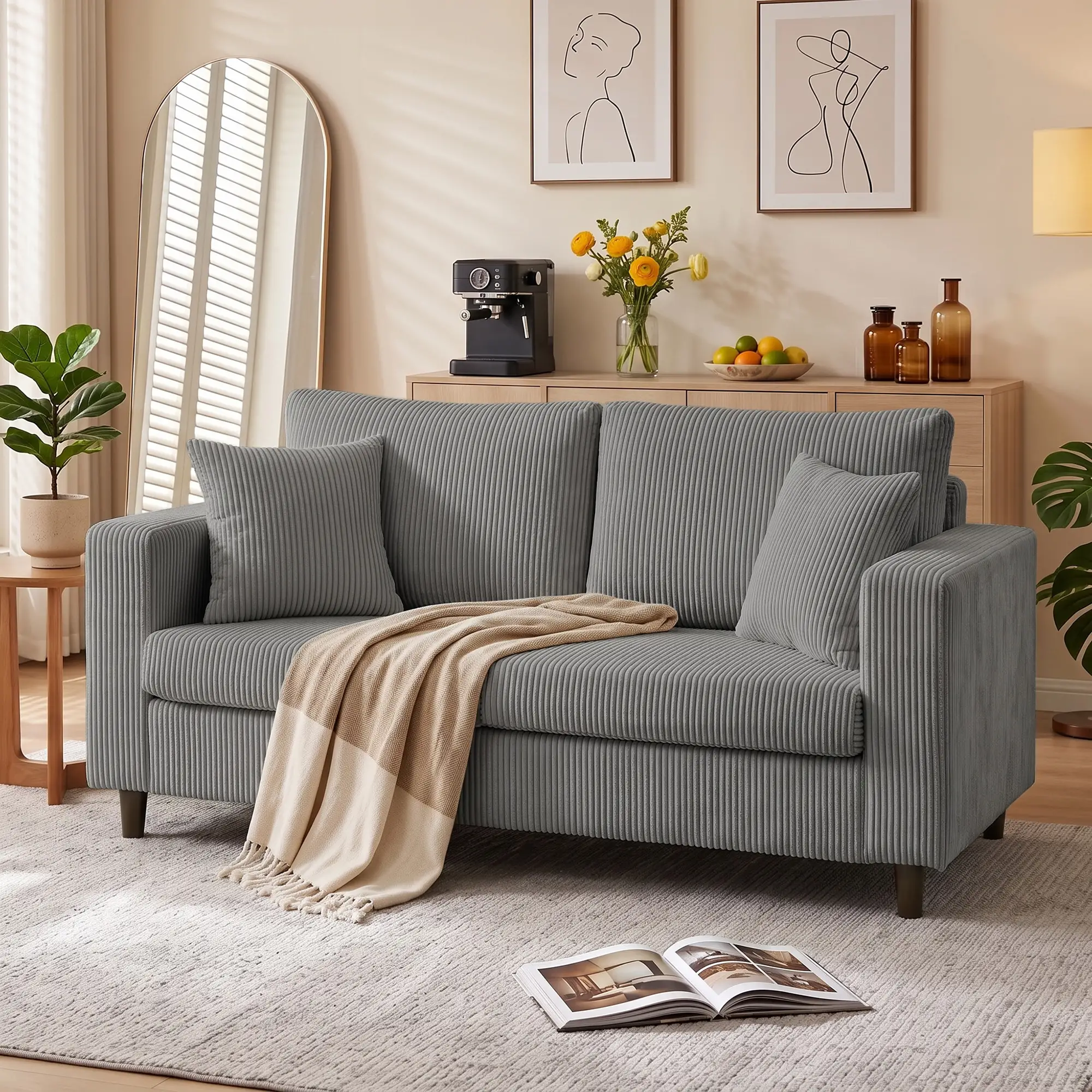 2 Seater Corduroy Sofa 170 x 80 x 82cm - Light Grey, Black - 14
