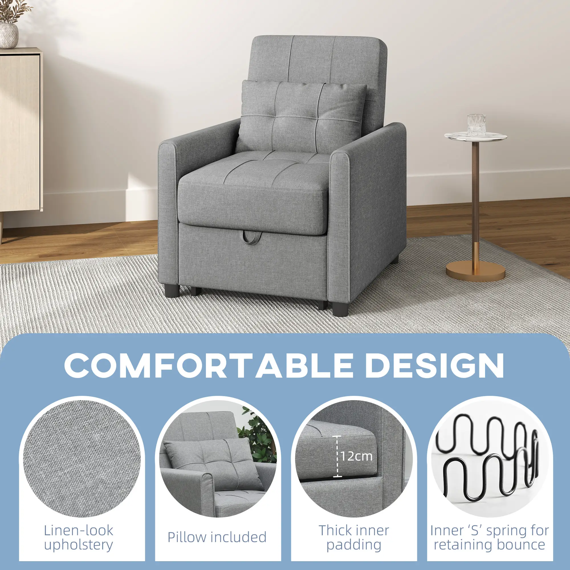 Linen Armchair 69 x 82 x 85cm - Light Grey - 4