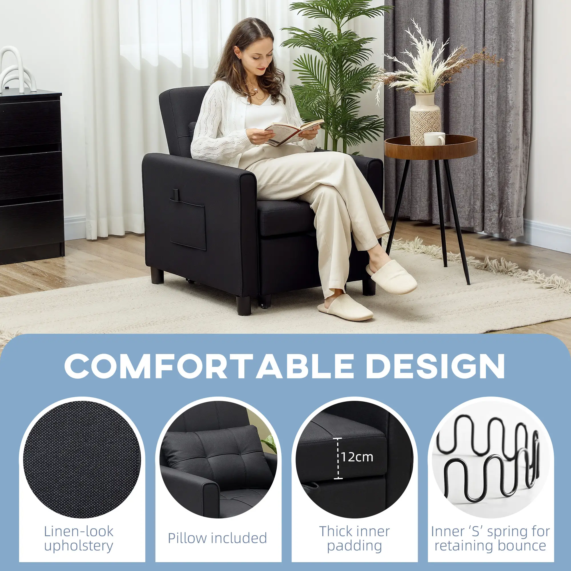 Linen Armchair 69 x 82 x 85cm - Black - 4