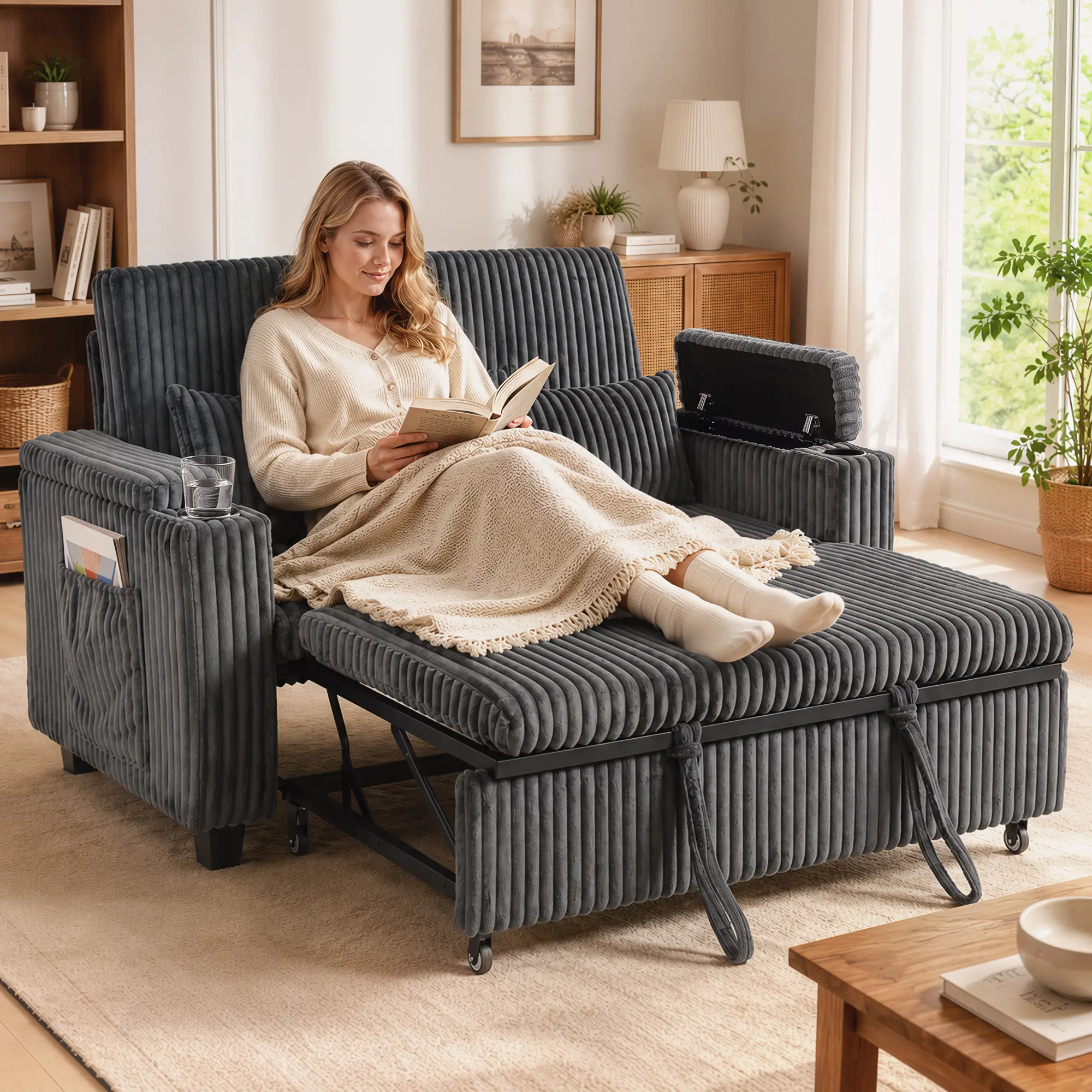 2 Seater Corduroy Sofa Bed 132 x 88 x 88cm - Dark Grey - 2