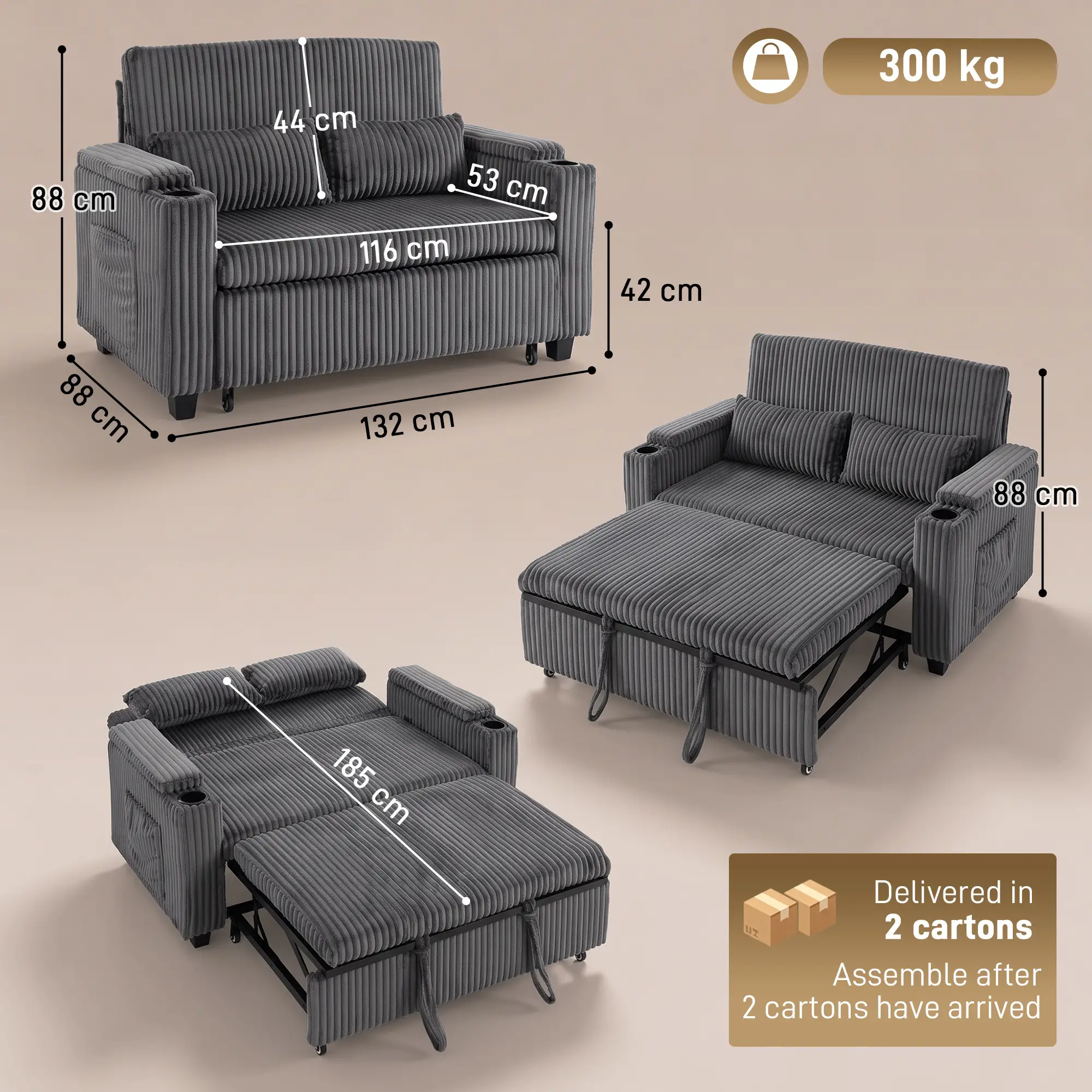2 Seater Corduroy Sofa Bed 132 x 88 x 88cm - Dark Grey - 3