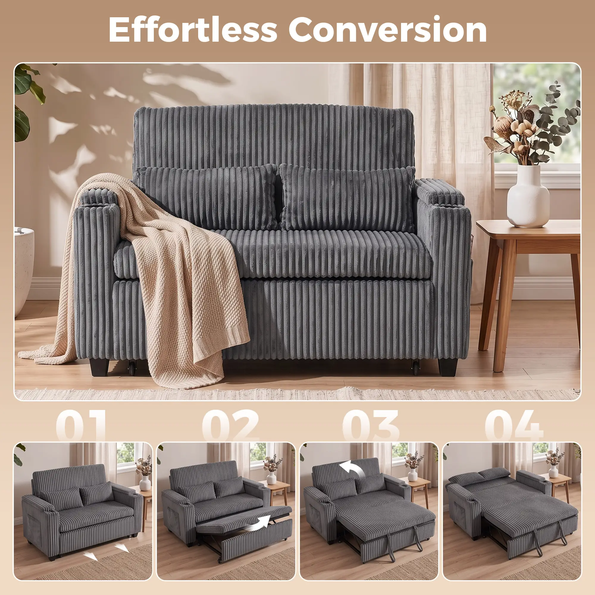 2 Seater Corduroy Sofa Bed 132 x 88 x 88cm - Dark Grey - 4