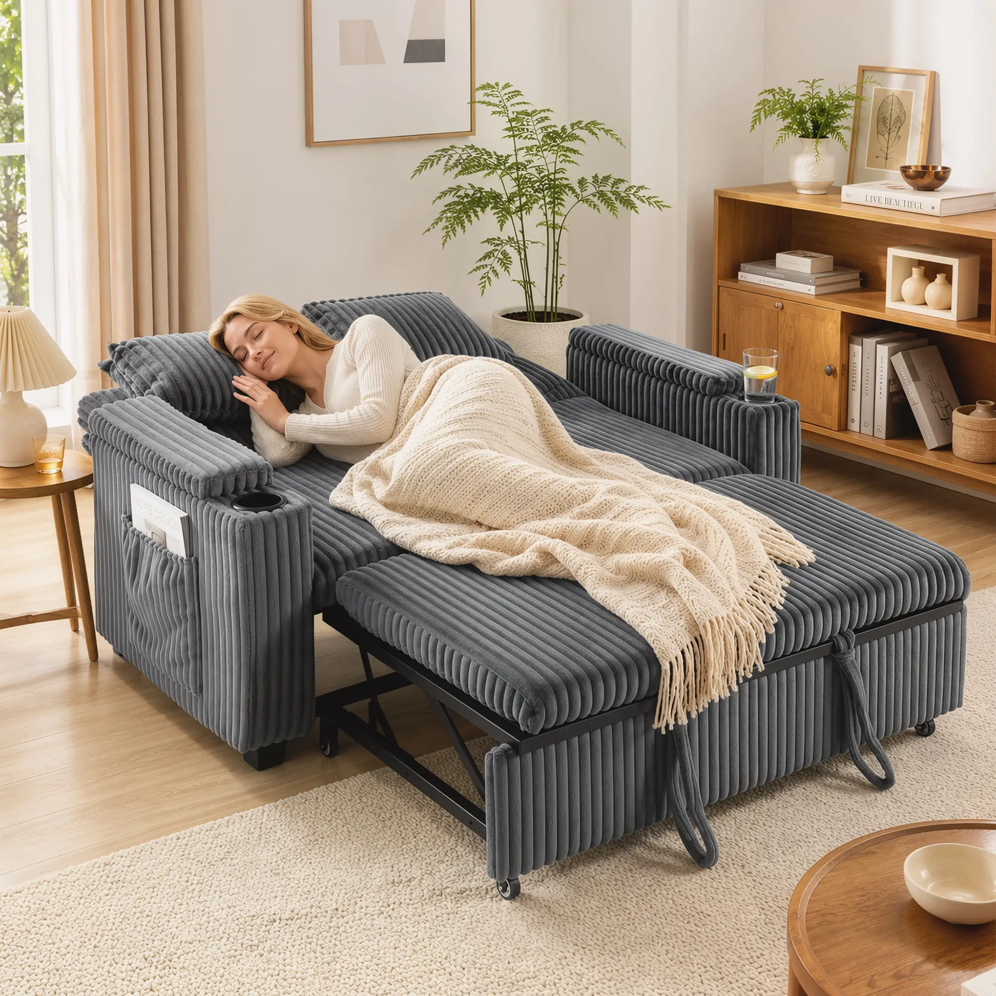 2 Seater Corduroy Sofa Bed 132 x 88 x 88cm - Dark Grey - 8