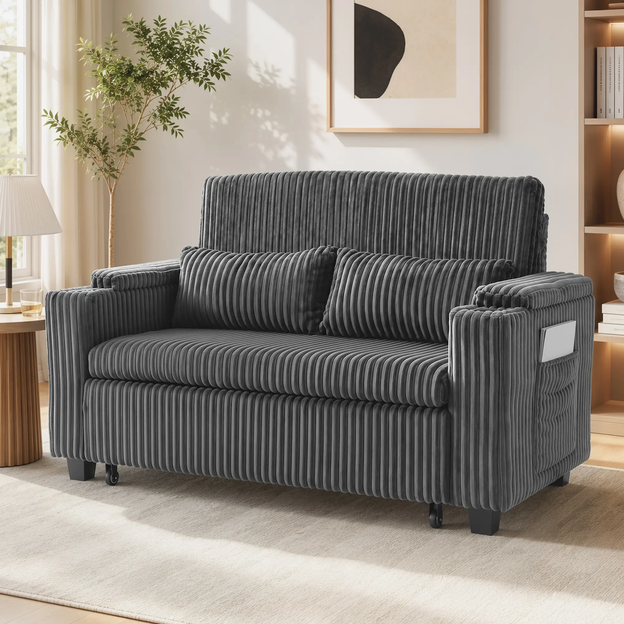 2 Seater Corduroy Sofa Bed 132 x 88 x 88cm - Dark Grey - 9