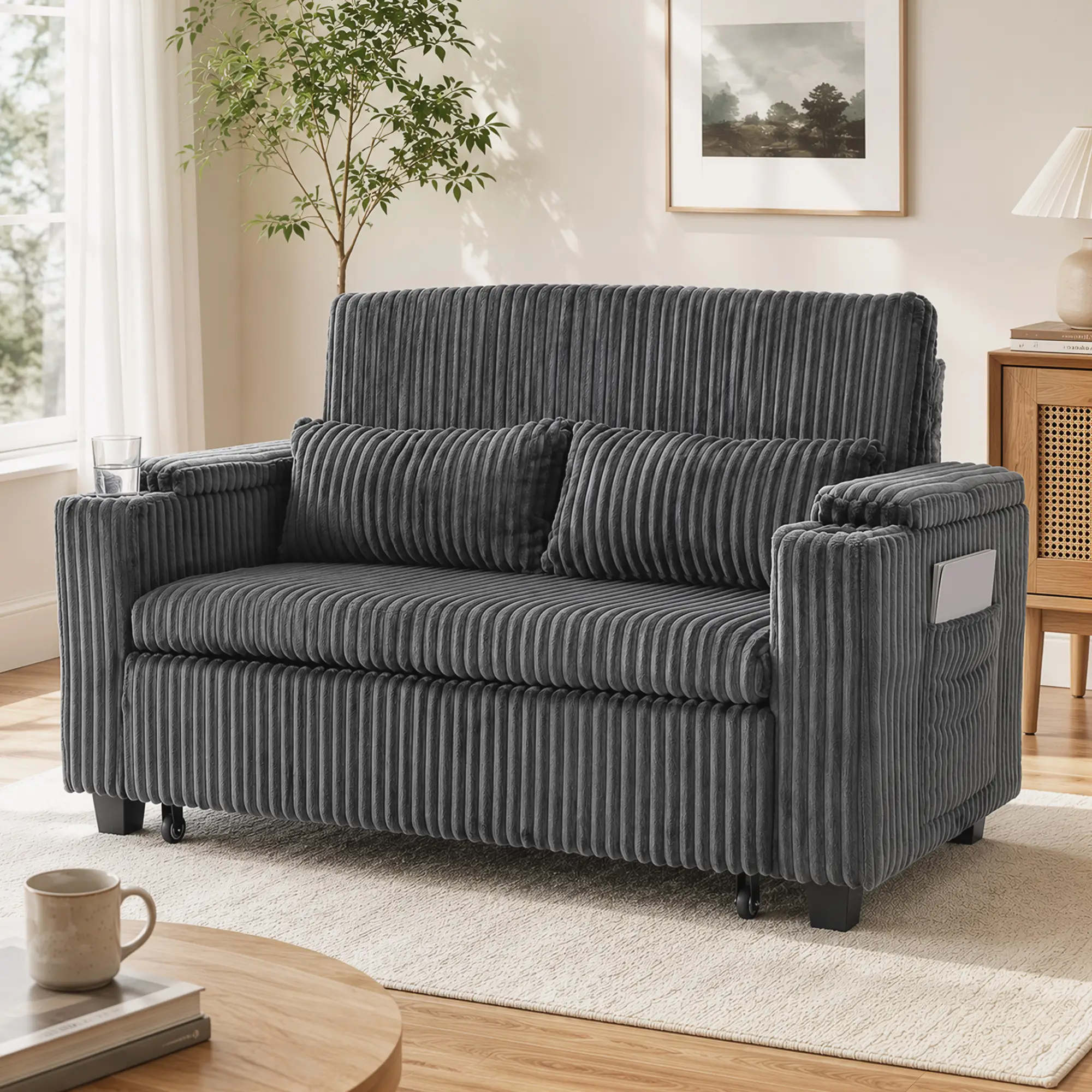 2 Seater Corduroy Sofa Bed 132 x 88 x 88cm - Dark Grey - 14