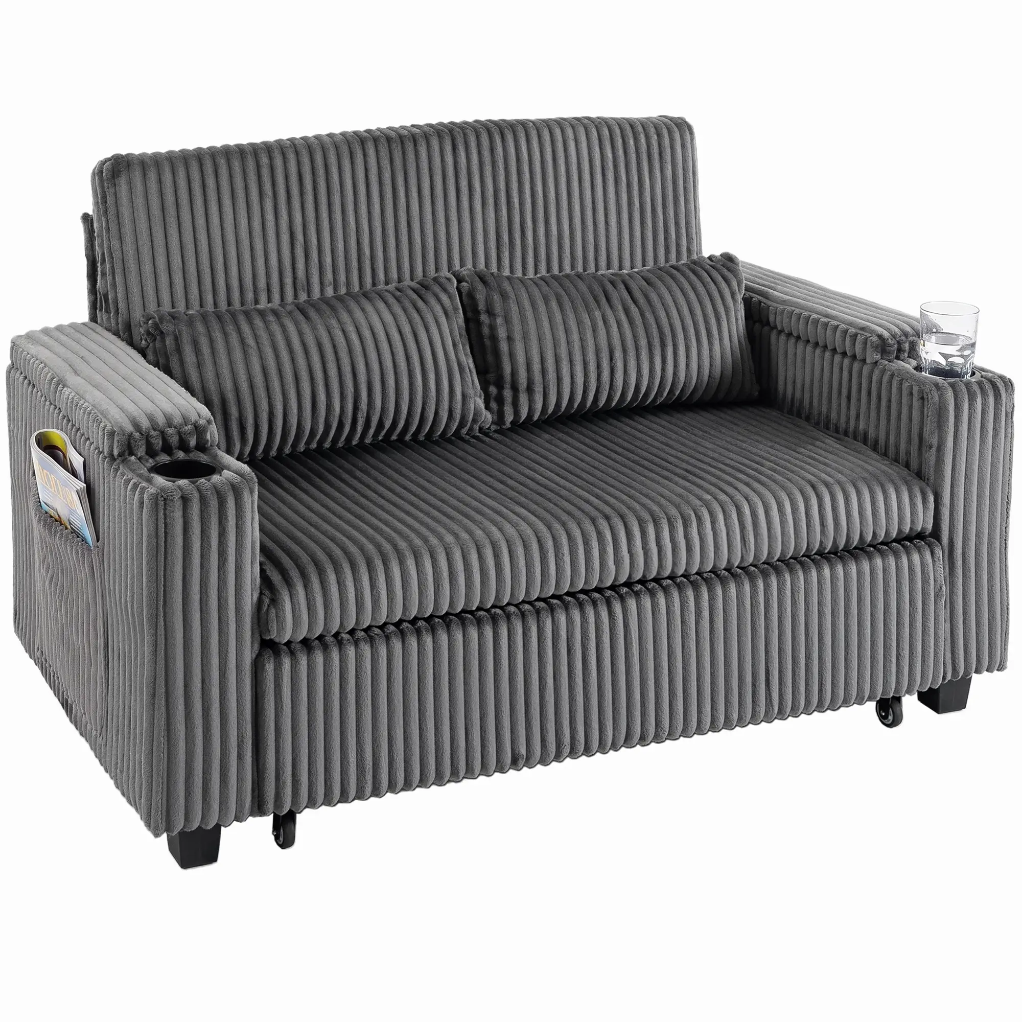 2 Seater Corduroy Sofa Bed 132 x 88 x 88cm - Dark Grey - 15