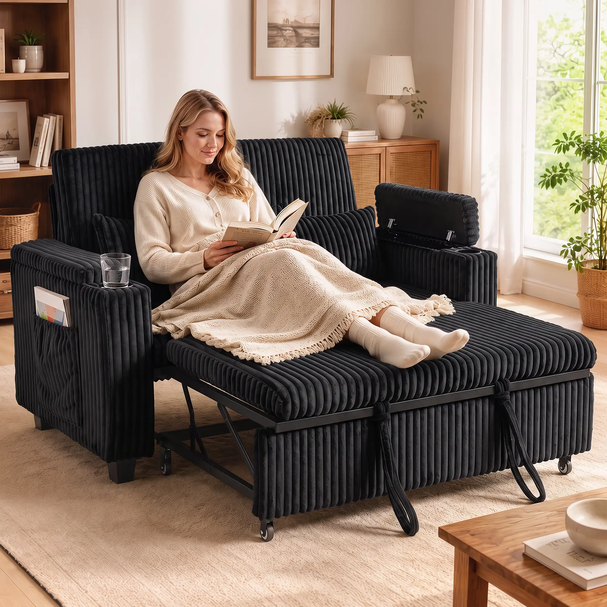 2 Seater Corduroy Sofa Bed 132 x 88 x 88cm - Black - 2