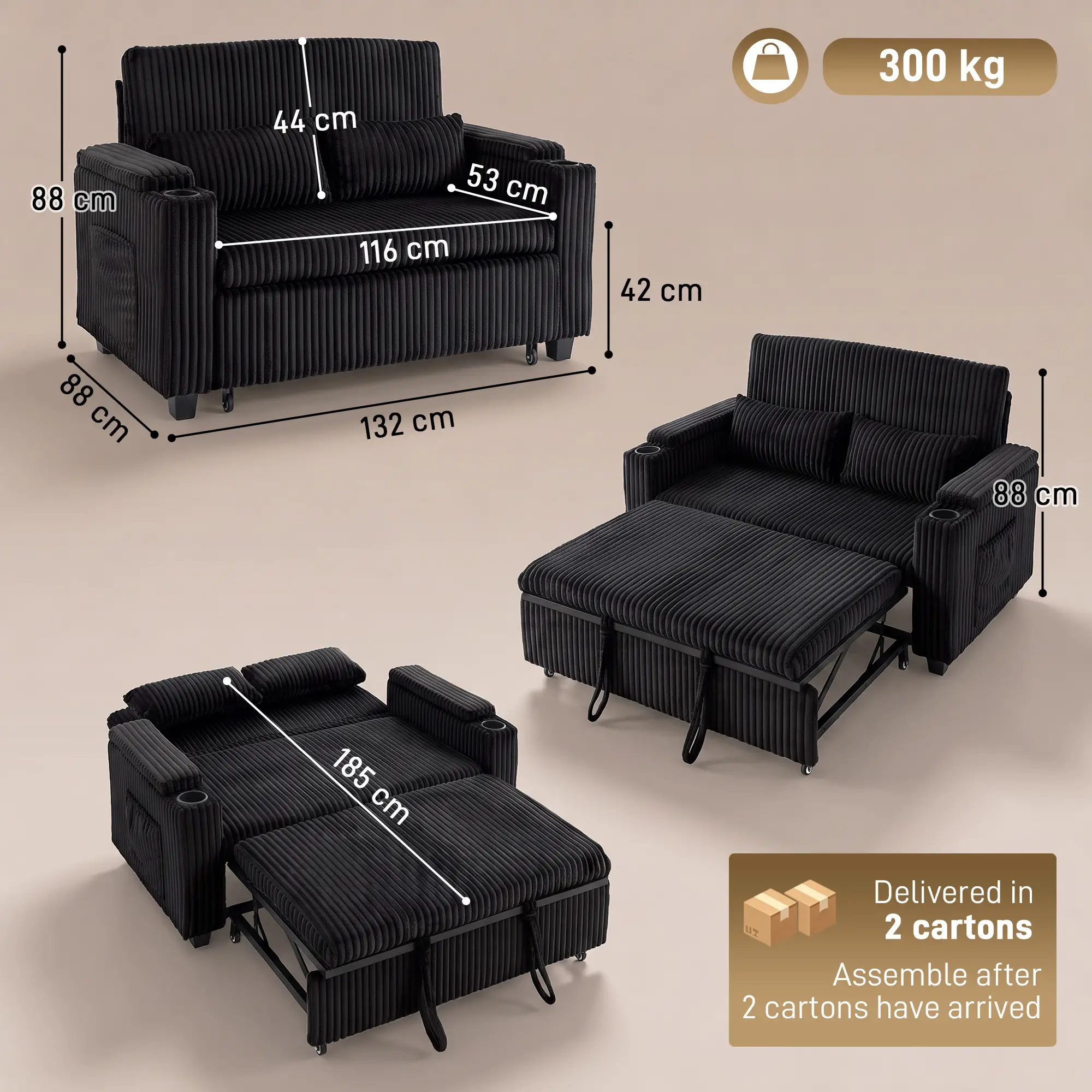 2 Seater Corduroy Sofa Bed 132 x 88 x 88cm - Black - 3