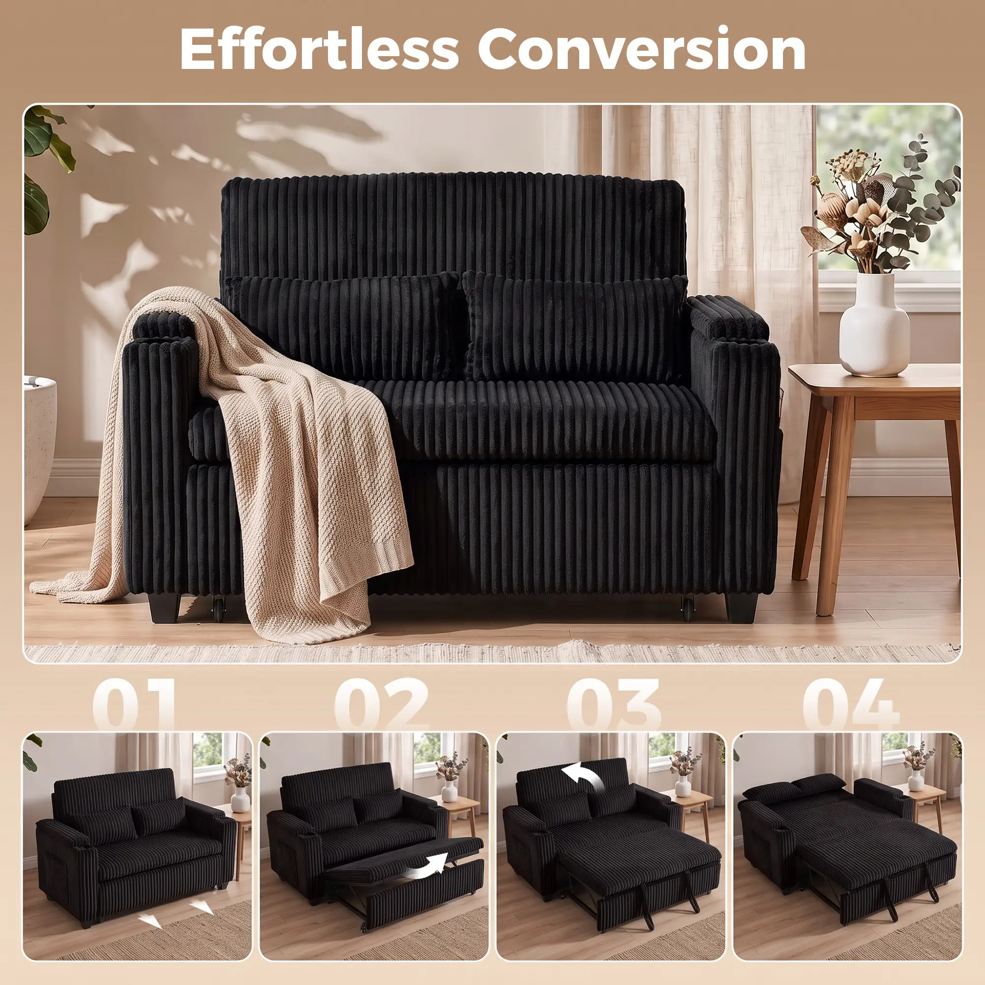 2 Seater Corduroy Sofa Bed 132 x 88 x 88cm - Black - 4