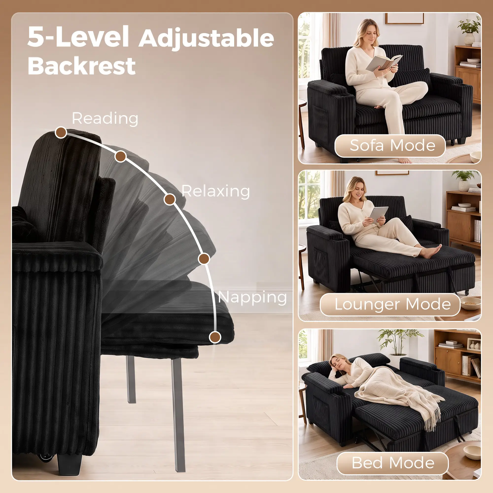 2 Seater Corduroy Sofa Bed 132 x 88 x 88cm - Black - 5