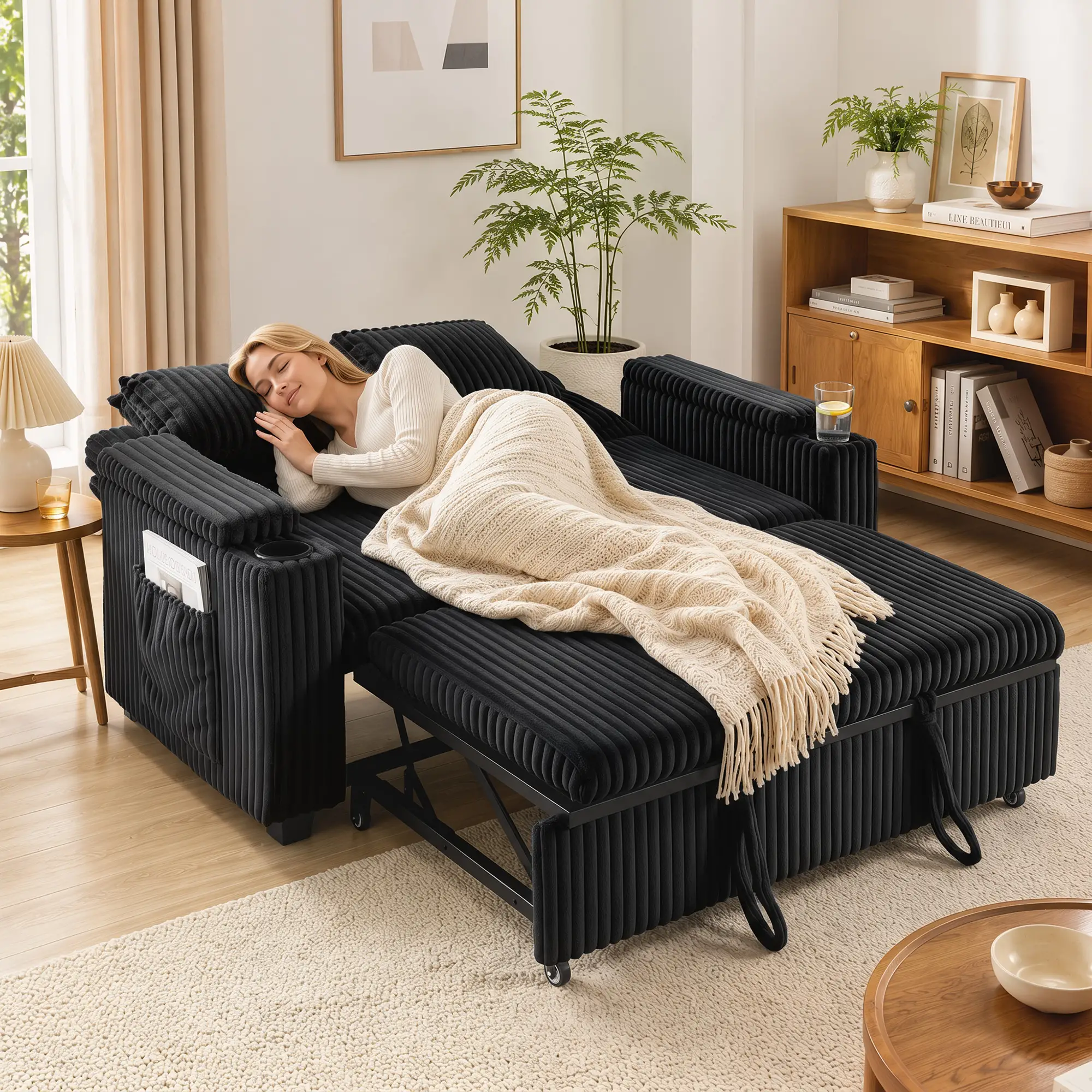 2 Seater Corduroy Sofa Bed 132 x 88 x 88cm - Black - 8