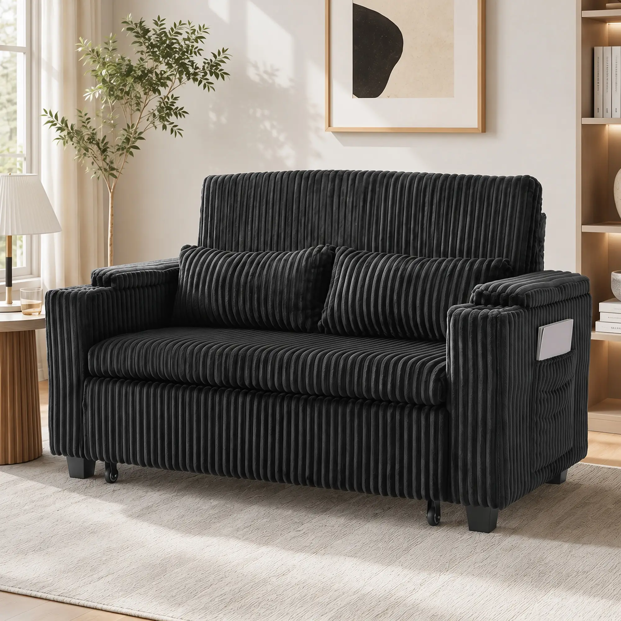 2 Seater Corduroy Sofa Bed 132 x 88 x 88cm - Black - 9