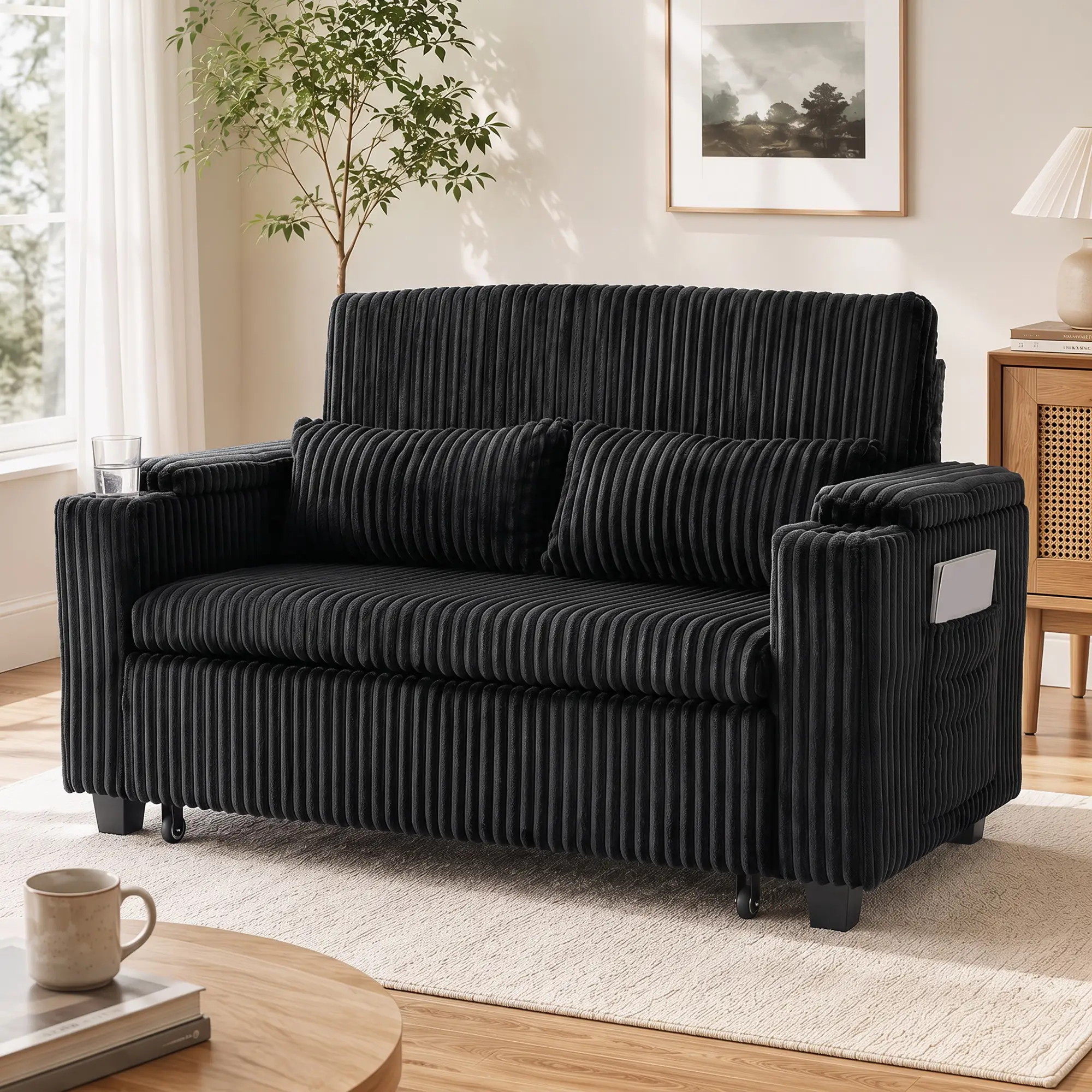 2 Seater Corduroy Sofa Bed 132 x 88 x 88cm - Black - 14