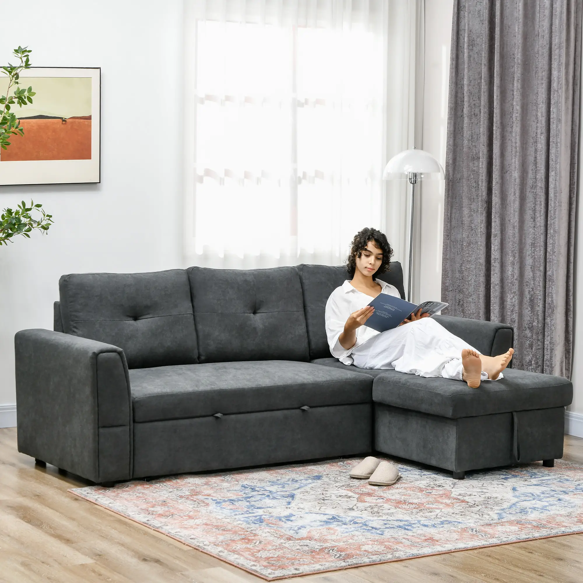 3 Seater Linen Sofa Bed 85 x 232 x 141cm - Dark Grey - 3