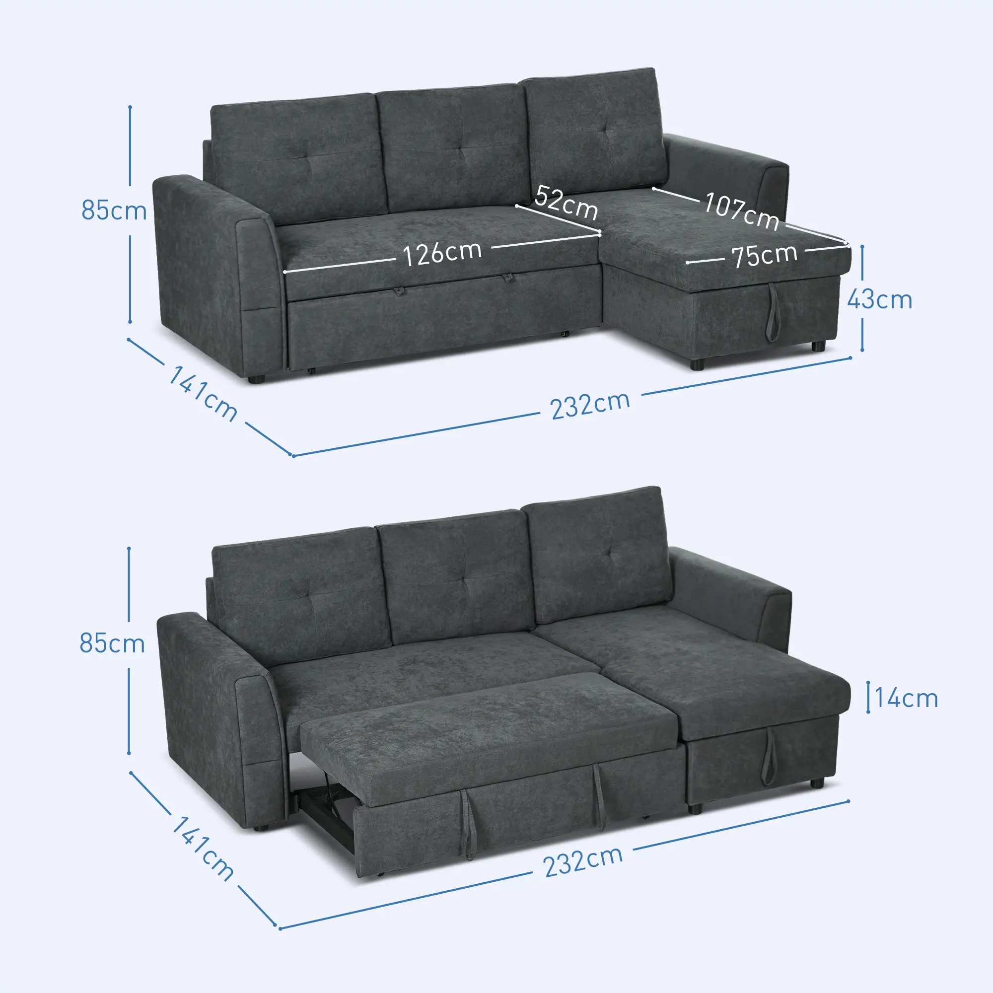 3 Seater Linen Sofa Bed 85 x 232 x 141cm - Dark Grey - 4