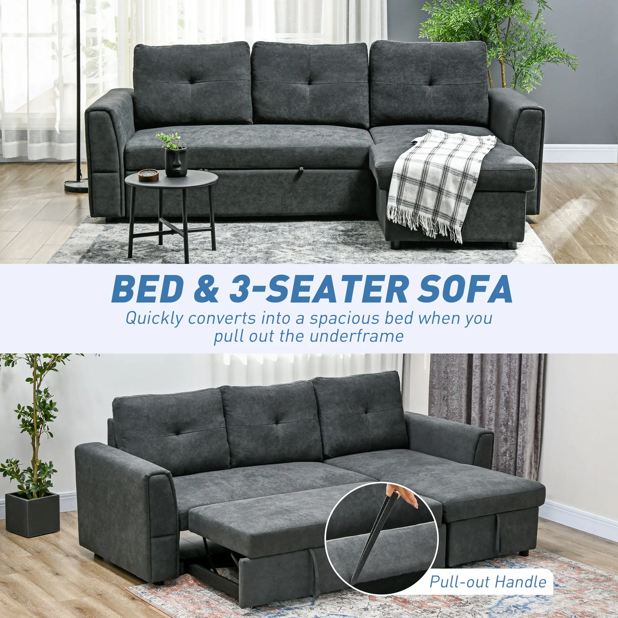 3 Seater Linen Sofa Bed 85 x 232 x 141cm - Dark Grey - 5
