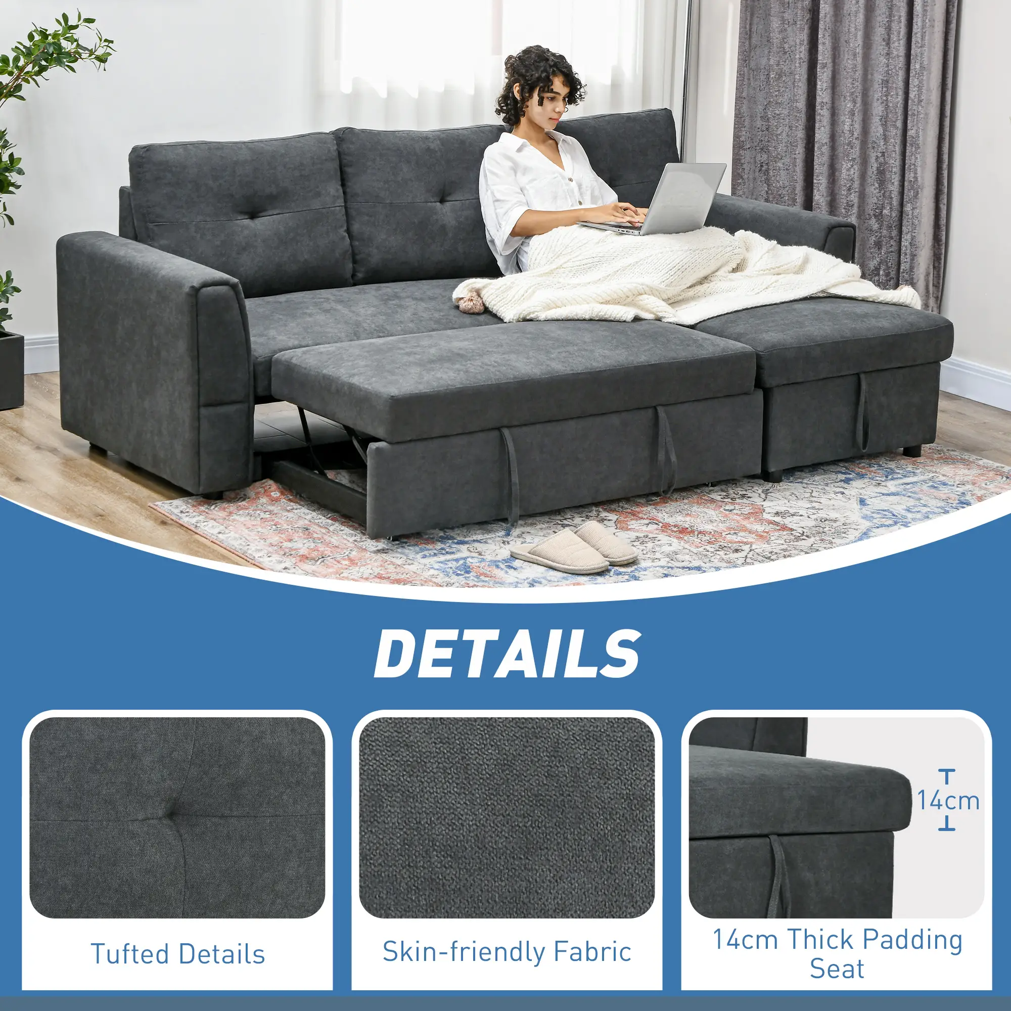 3 Seater Linen Sofa Bed 85 x 232 x 141cm - Dark Grey - 7