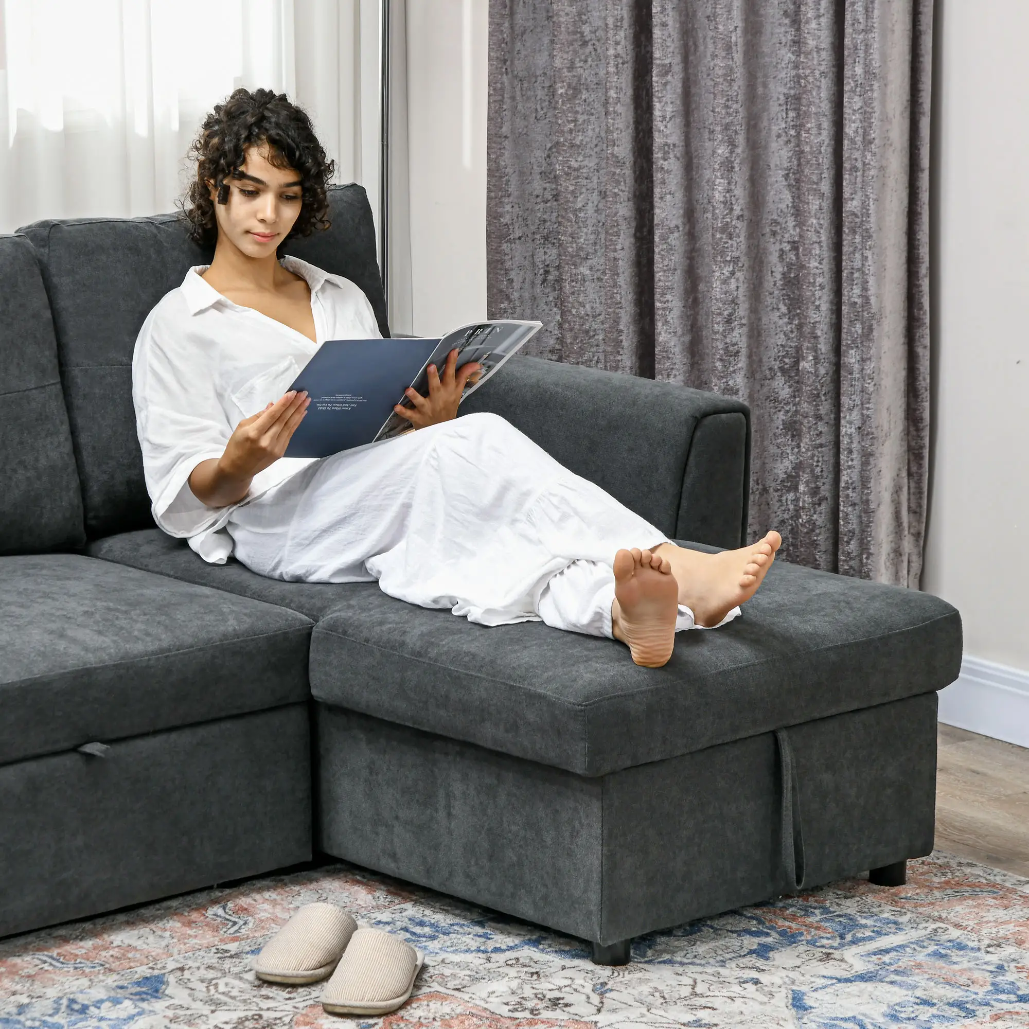 3 Seater Linen Sofa Bed 85 x 232 x 141cm - Dark Grey - 9