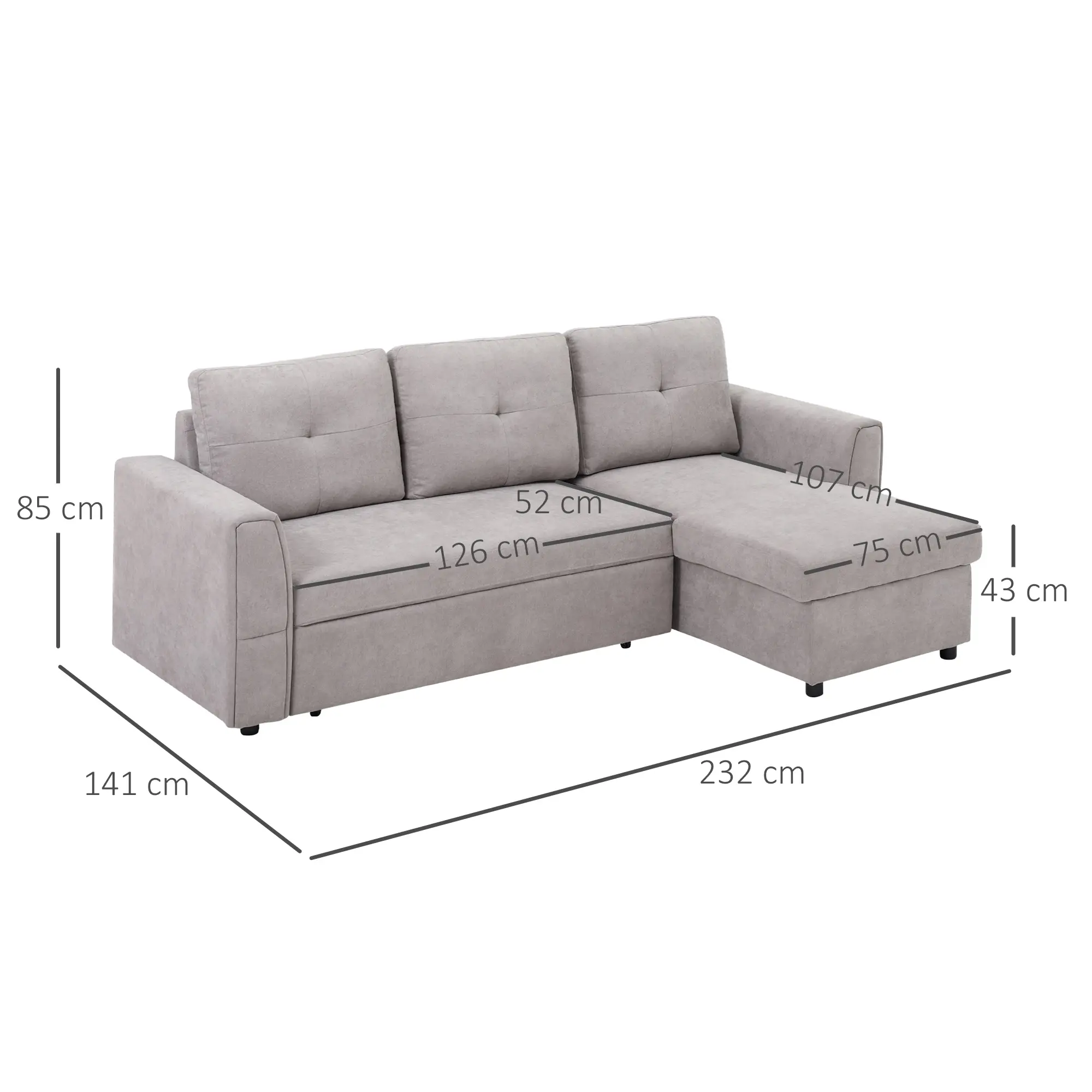 3 Seater Linen Sofa Bed 85 x 232 x 141cm - Grey - 3