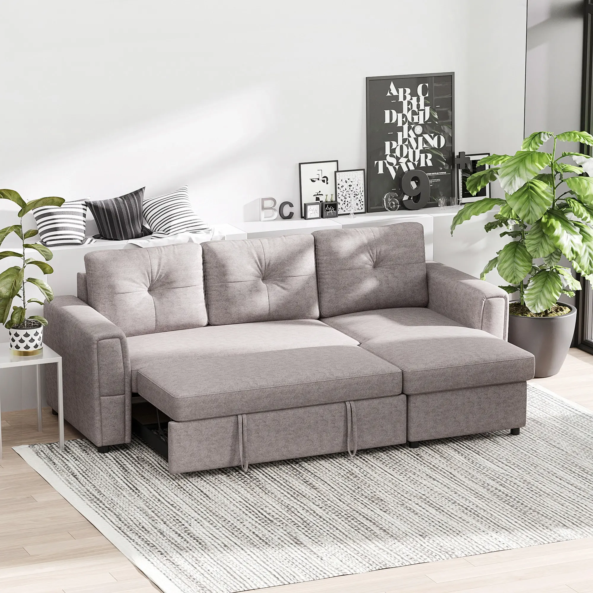 3 Seater Linen Sofa Bed 85 x 232 x 141cm - Grey - 10