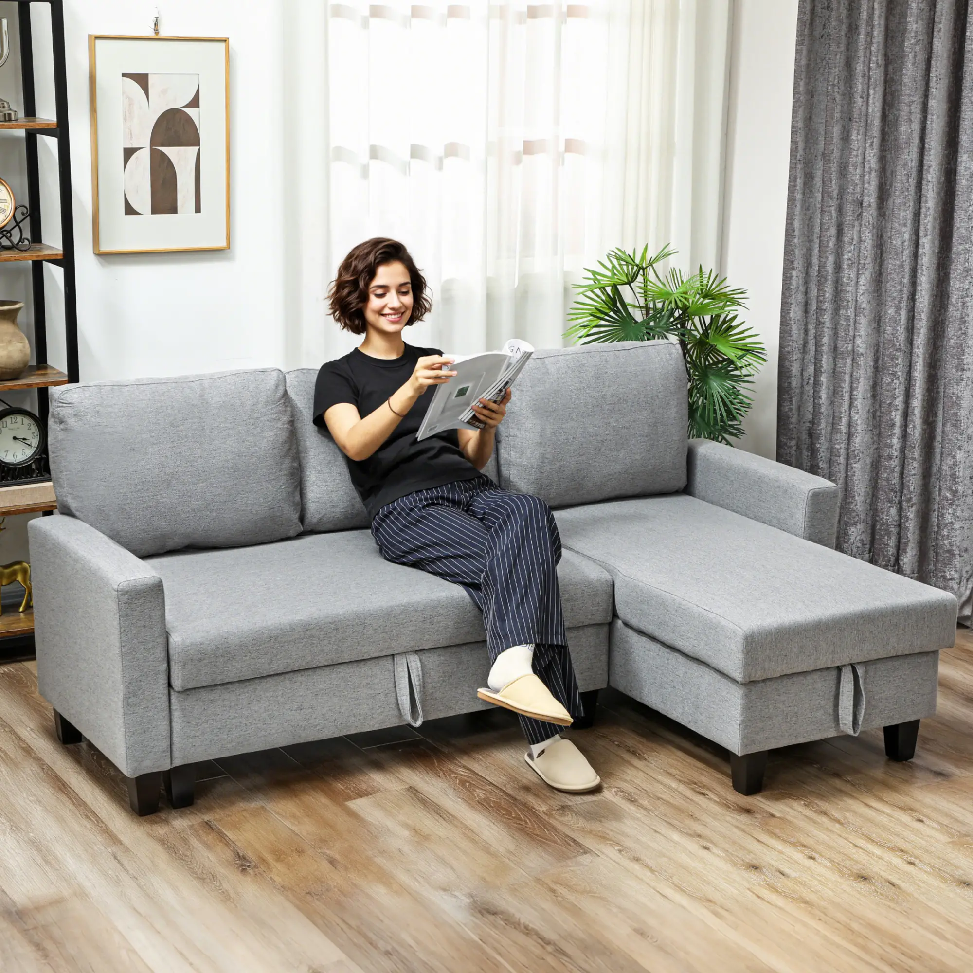 Linen Sofa Bed 197 x 129 x 85cm - Grey, Black - 2