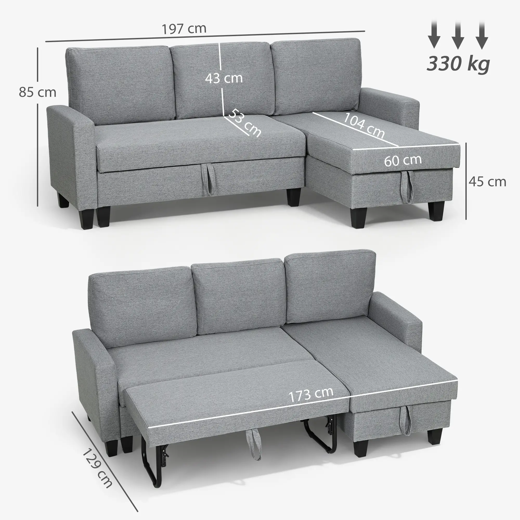 Linen Sofa Bed 197 x 129 x 85cm - Grey, Black - 3