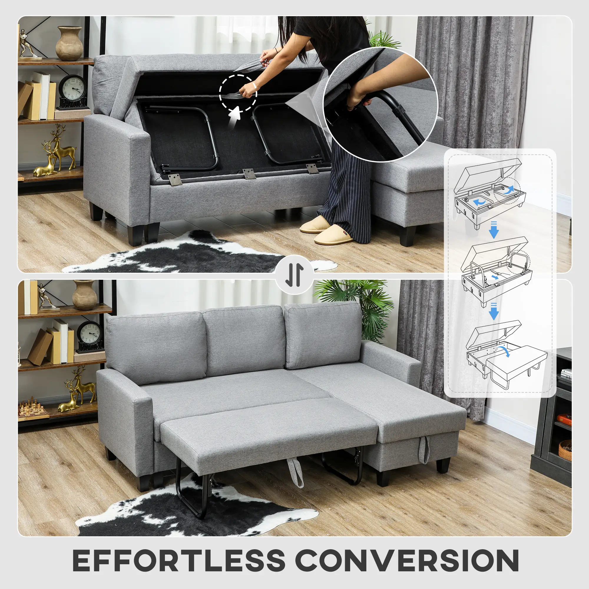 Linen Sofa Bed 197 x 129 x 85cm - Grey, Black - 5