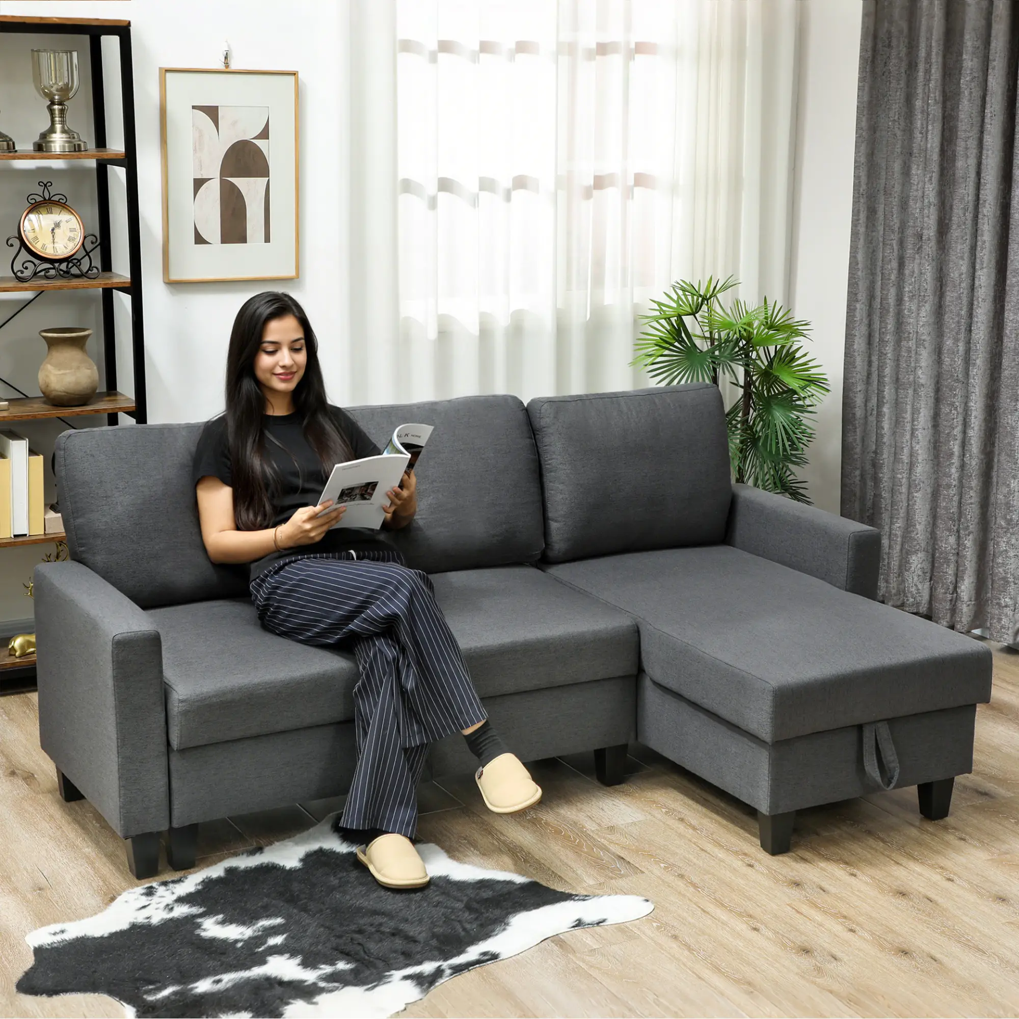 Linen Sofa Bed 197 x 129 x 85cm - Charcoal Grey, Black - 2