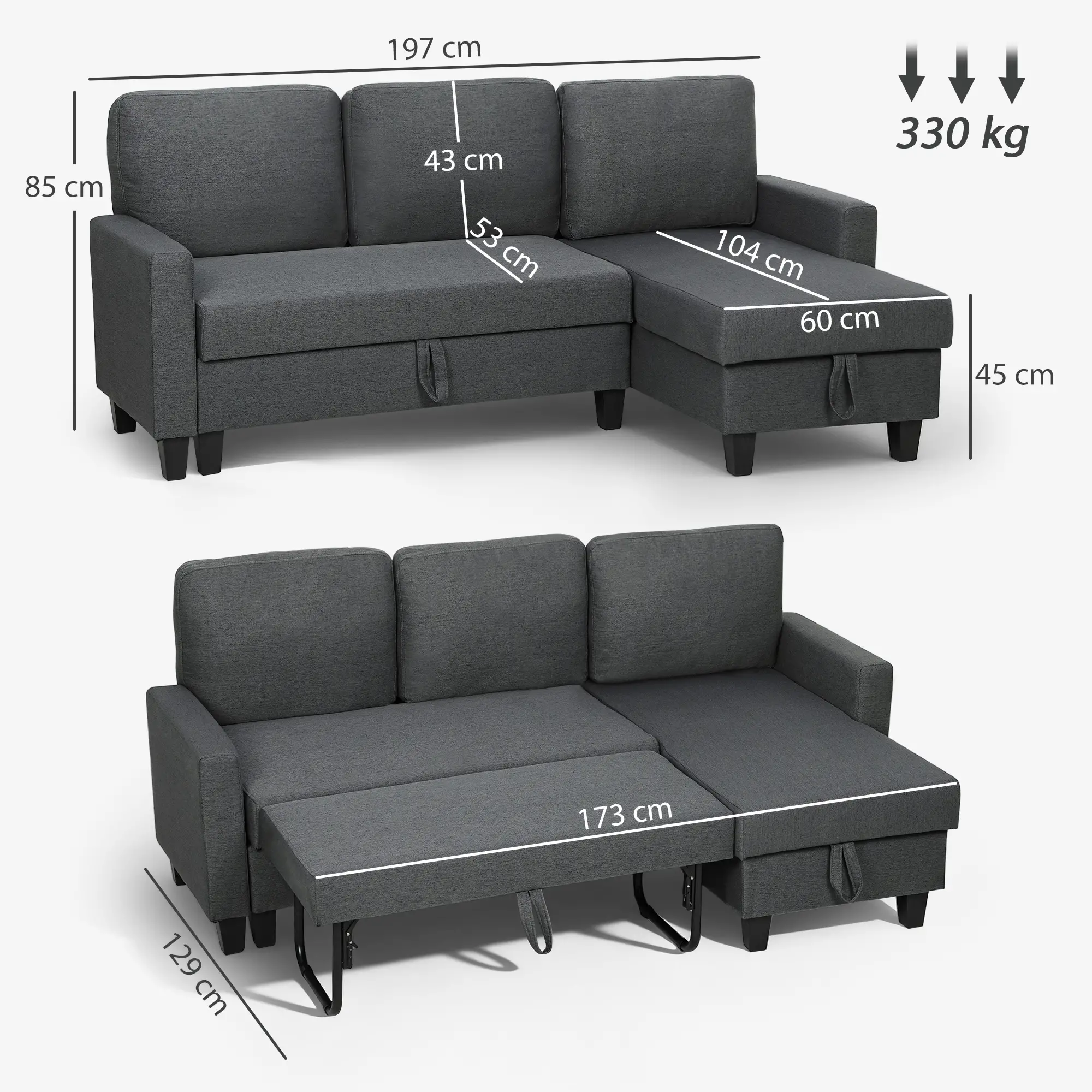Linen Sofa Bed 197 x 129 x 85cm - Charcoal Grey, Black - 3