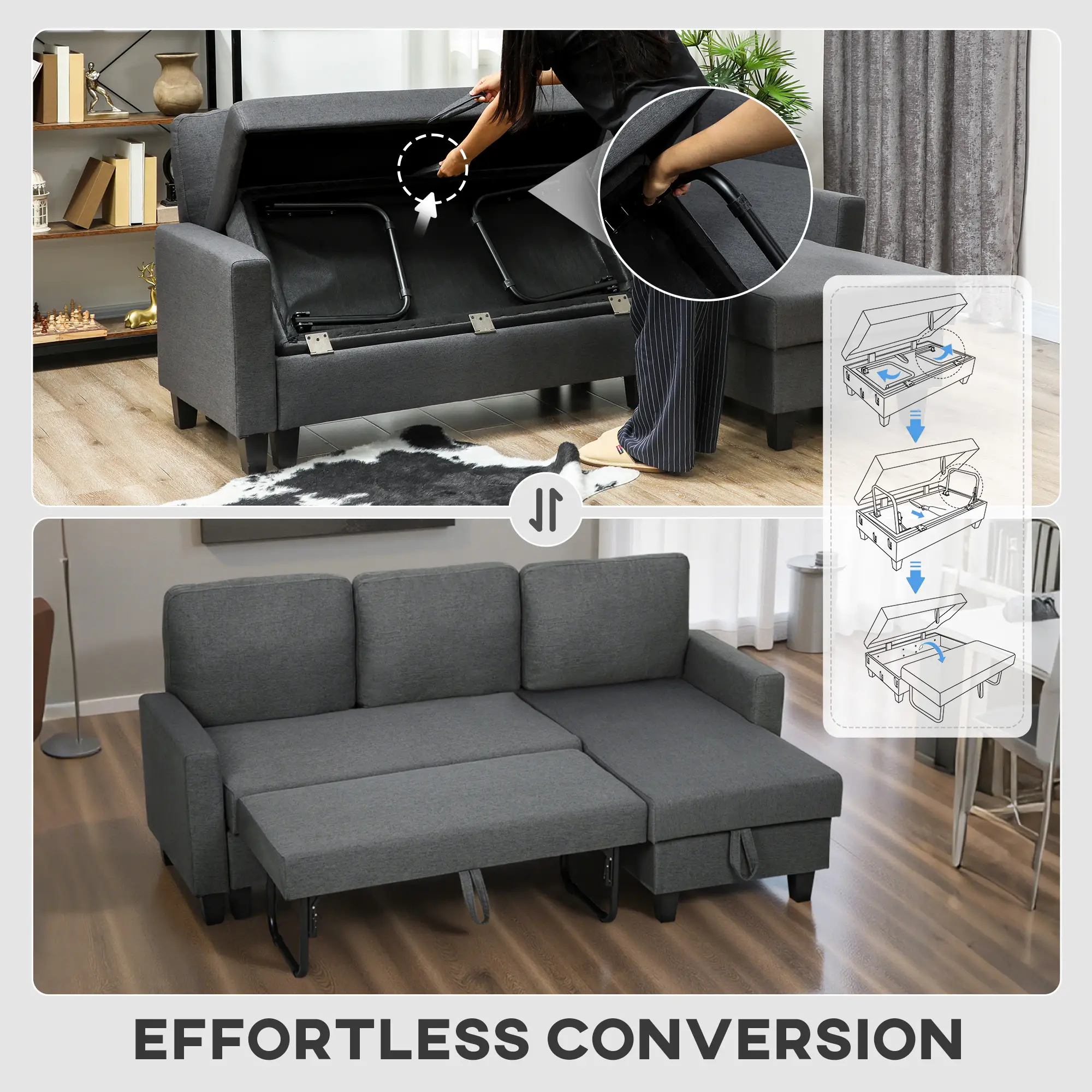 Linen Sofa Bed 197 x 129 x 85cm - Charcoal Grey, Black - 5
