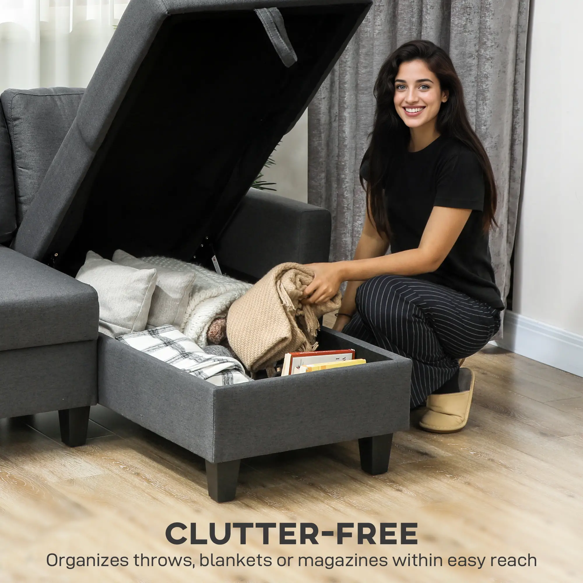 Linen Sofa Bed 197 x 129 x 85cm - Charcoal Grey, Black - 6