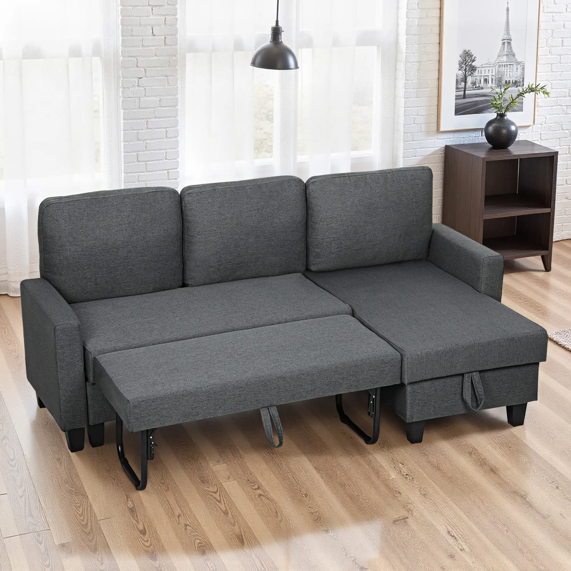 Linen Sofa Bed 197 x 129 x 85cm - Charcoal Grey, Black - 10