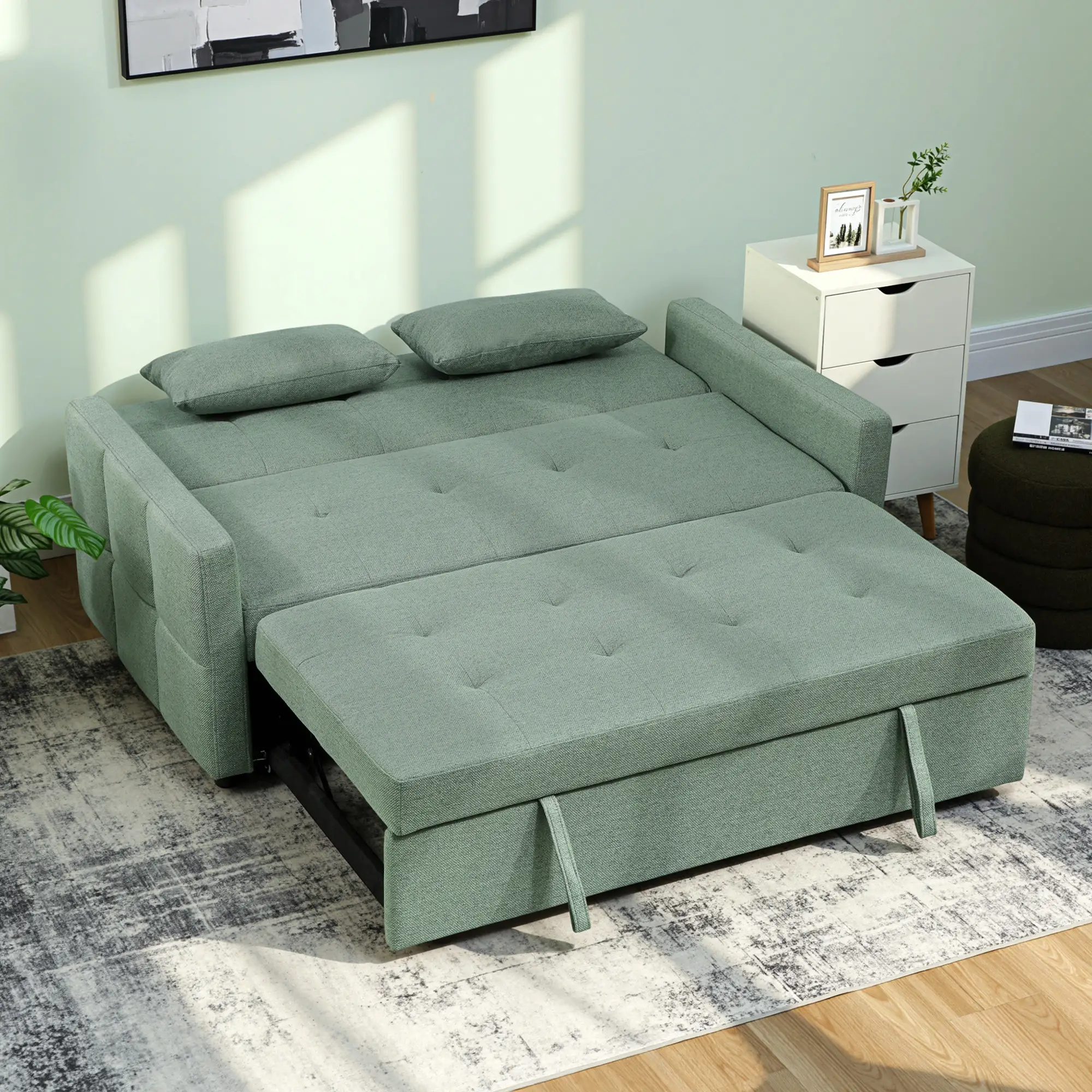 2 Seater Linen Sofa Bed 158 x 85 x 85cm - Light Green - 2