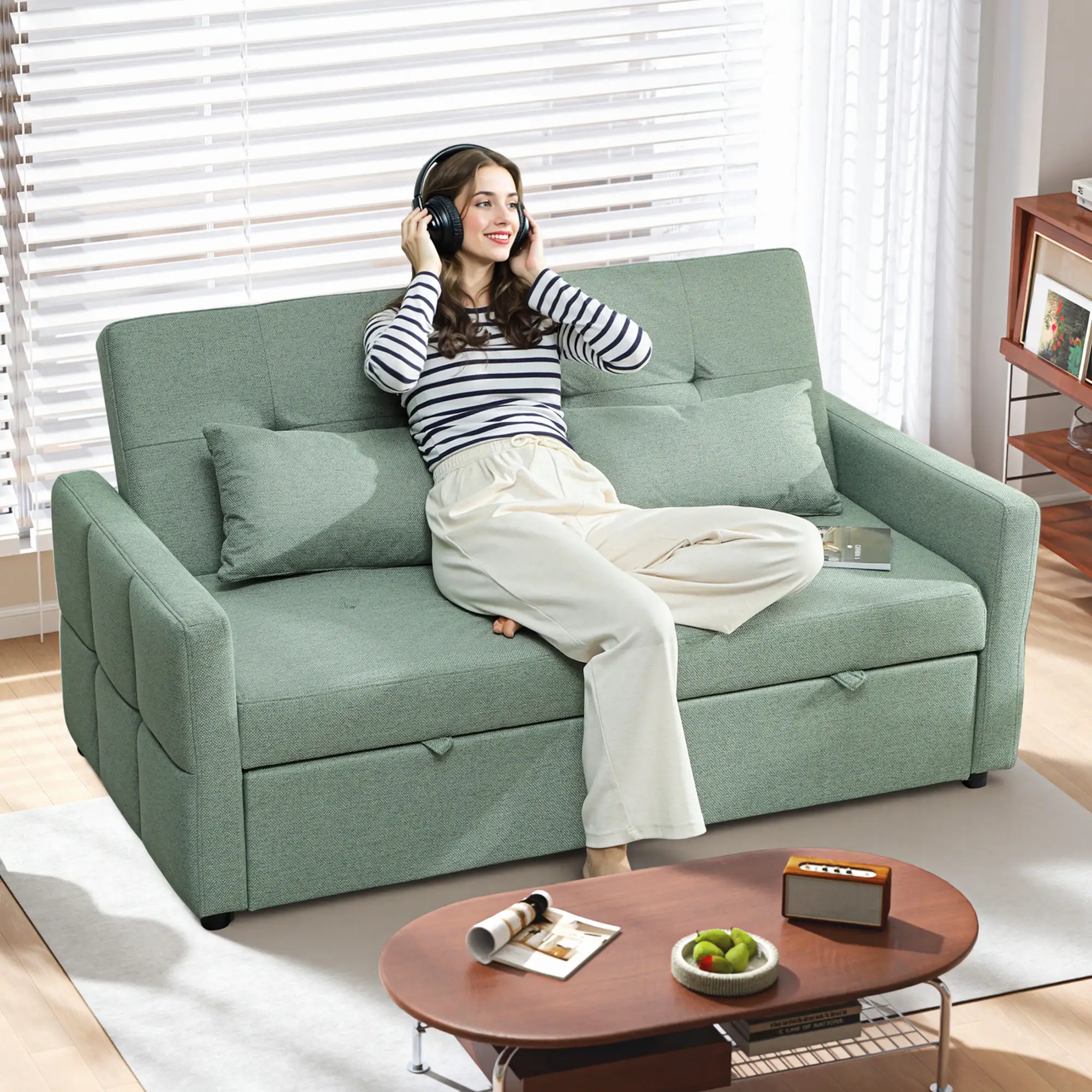 2 Seater Linen Sofa Bed 158 x 85 x 85cm - Light Green - 3