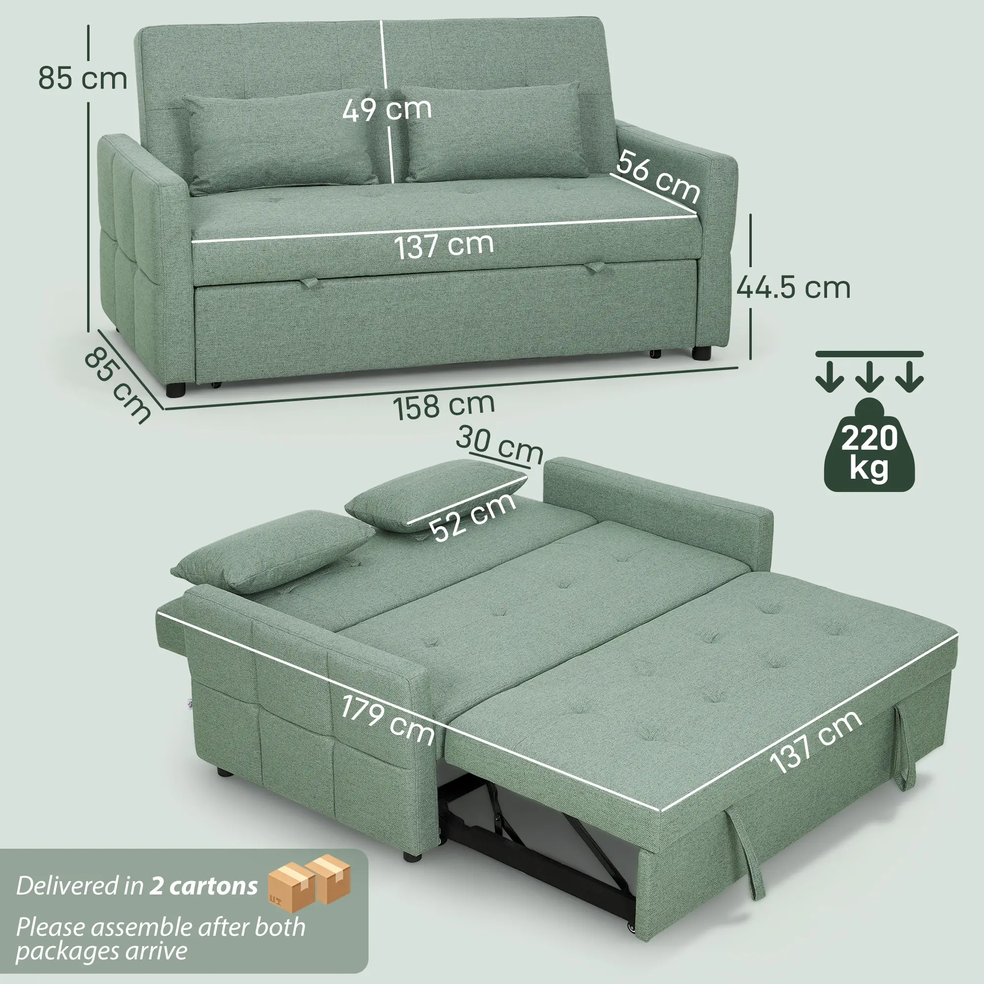 2 Seater Linen Sofa Bed 158 x 85 x 85cm - Light Green - 4