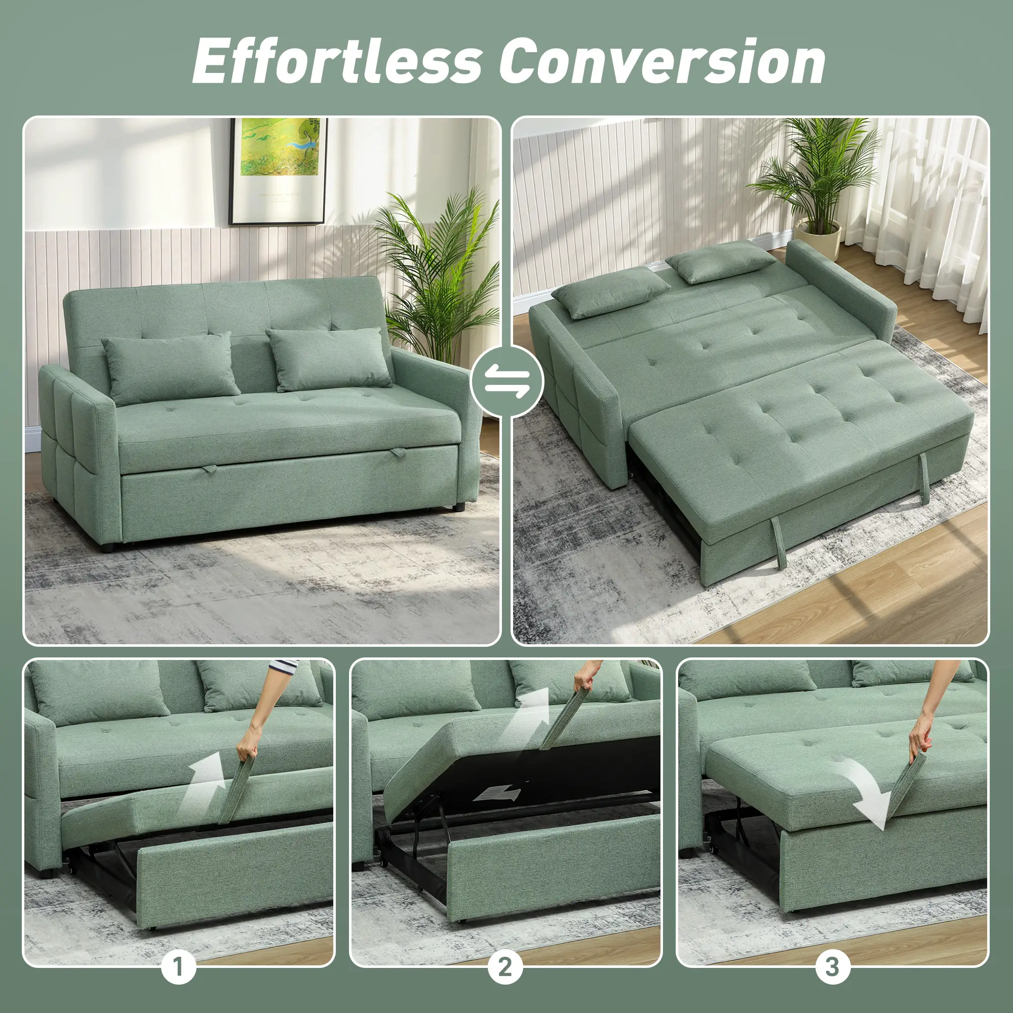 2 Seater Linen Sofa Bed 158 x 85 x 85cm - Light Green - 5