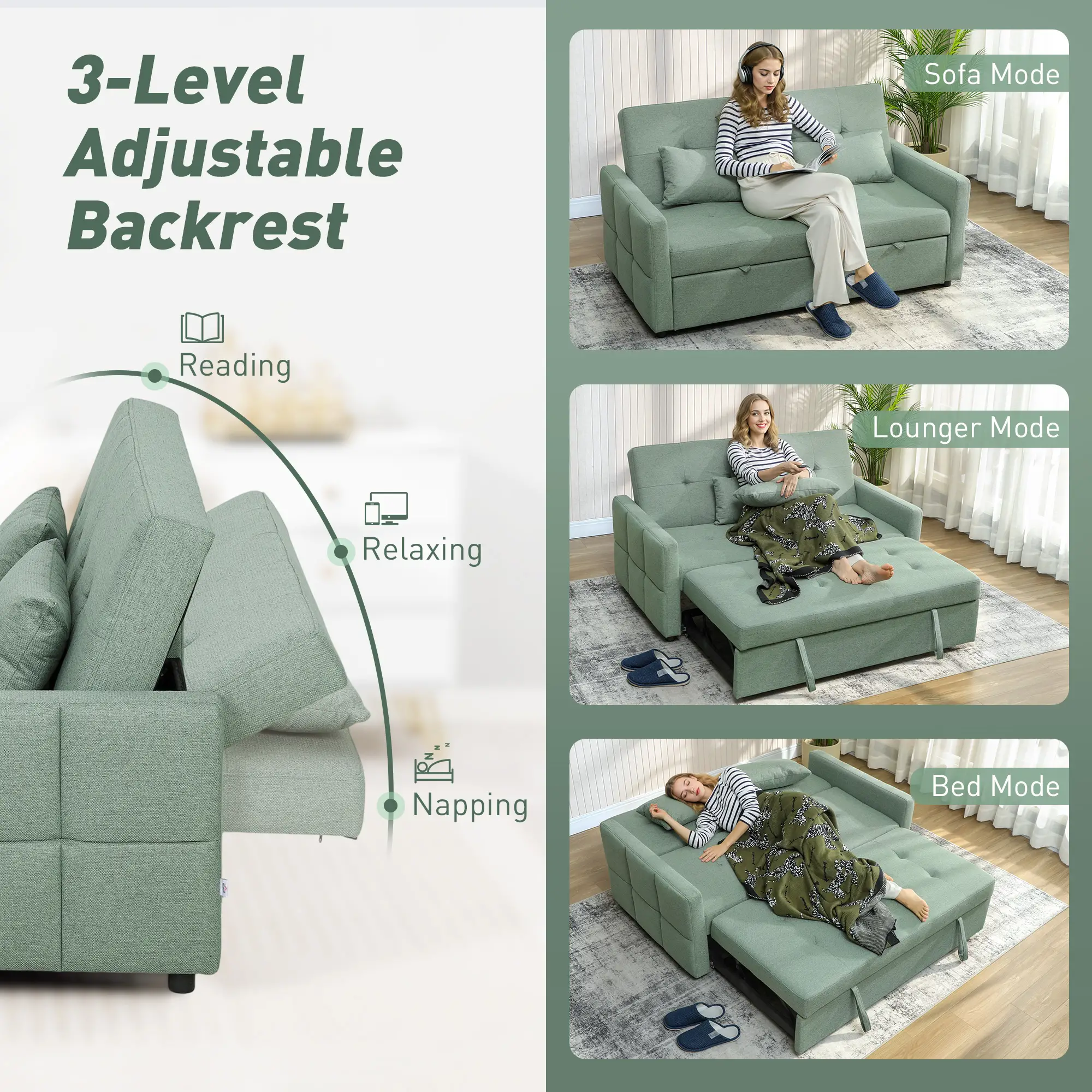 2 Seater Linen Sofa Bed 158 x 85 x 85cm - Light Green - 6