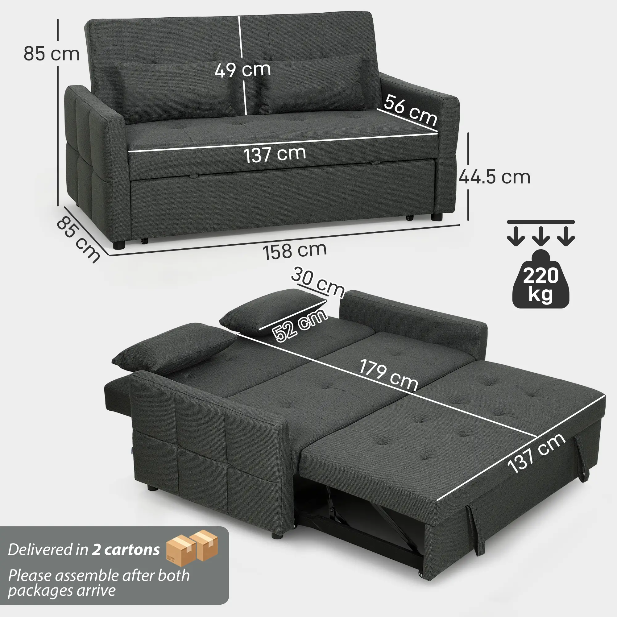 2 Seater Linen Sofa Bed 158 x 85 x 85cm - Charcoal Grey - 3