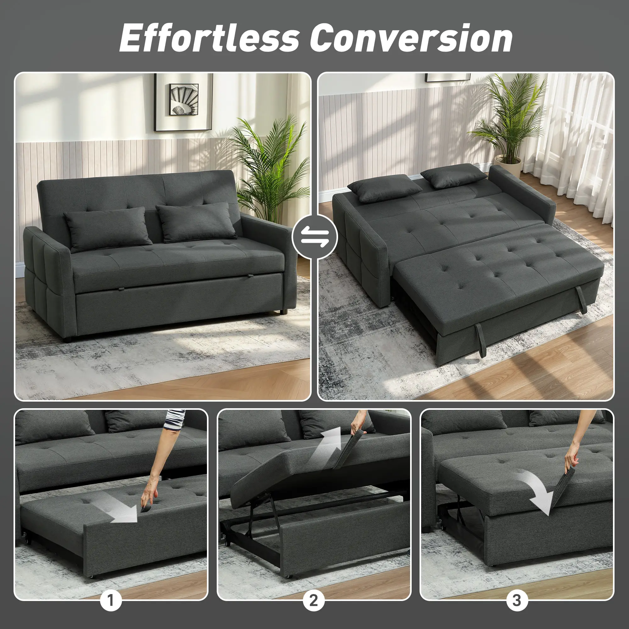 2 Seater Linen Sofa Bed 158 x 85 x 85cm - Charcoal Grey - 4