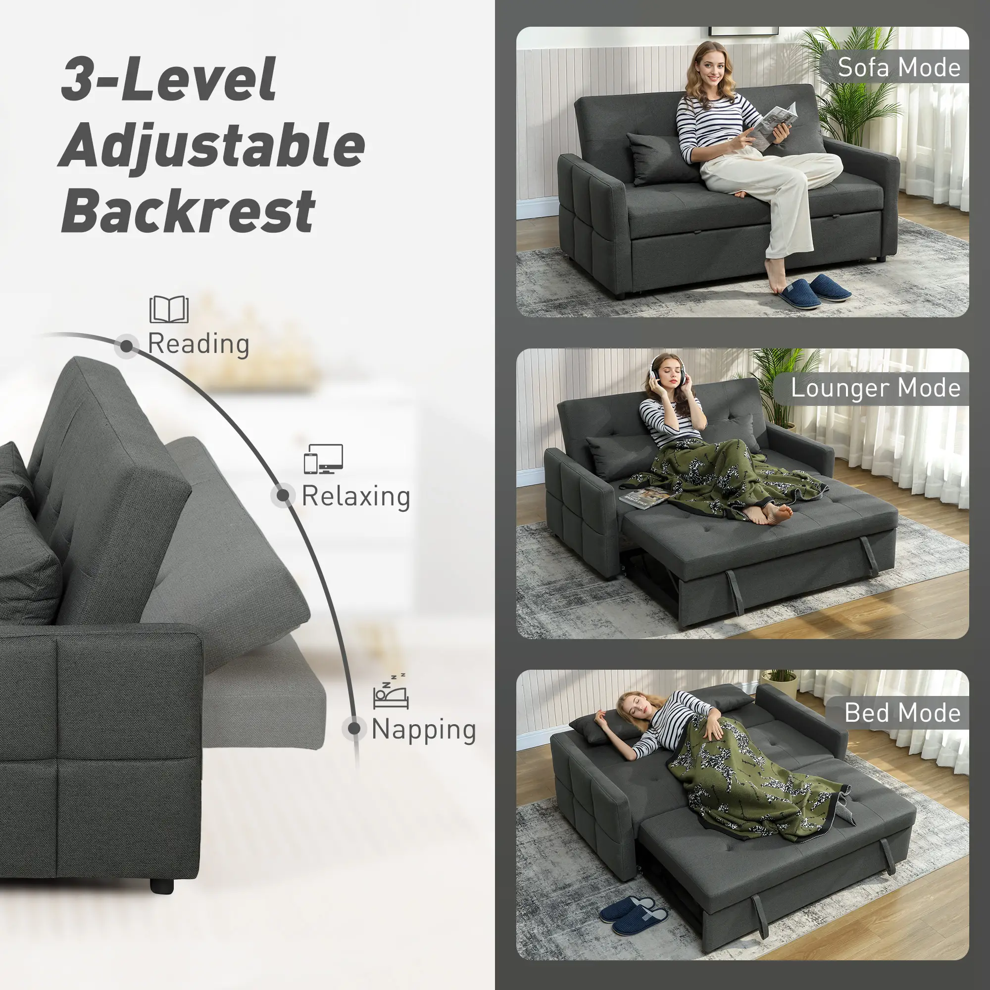 2 Seater Linen Sofa Bed 158 x 85 x 85cm - Charcoal Grey - 5